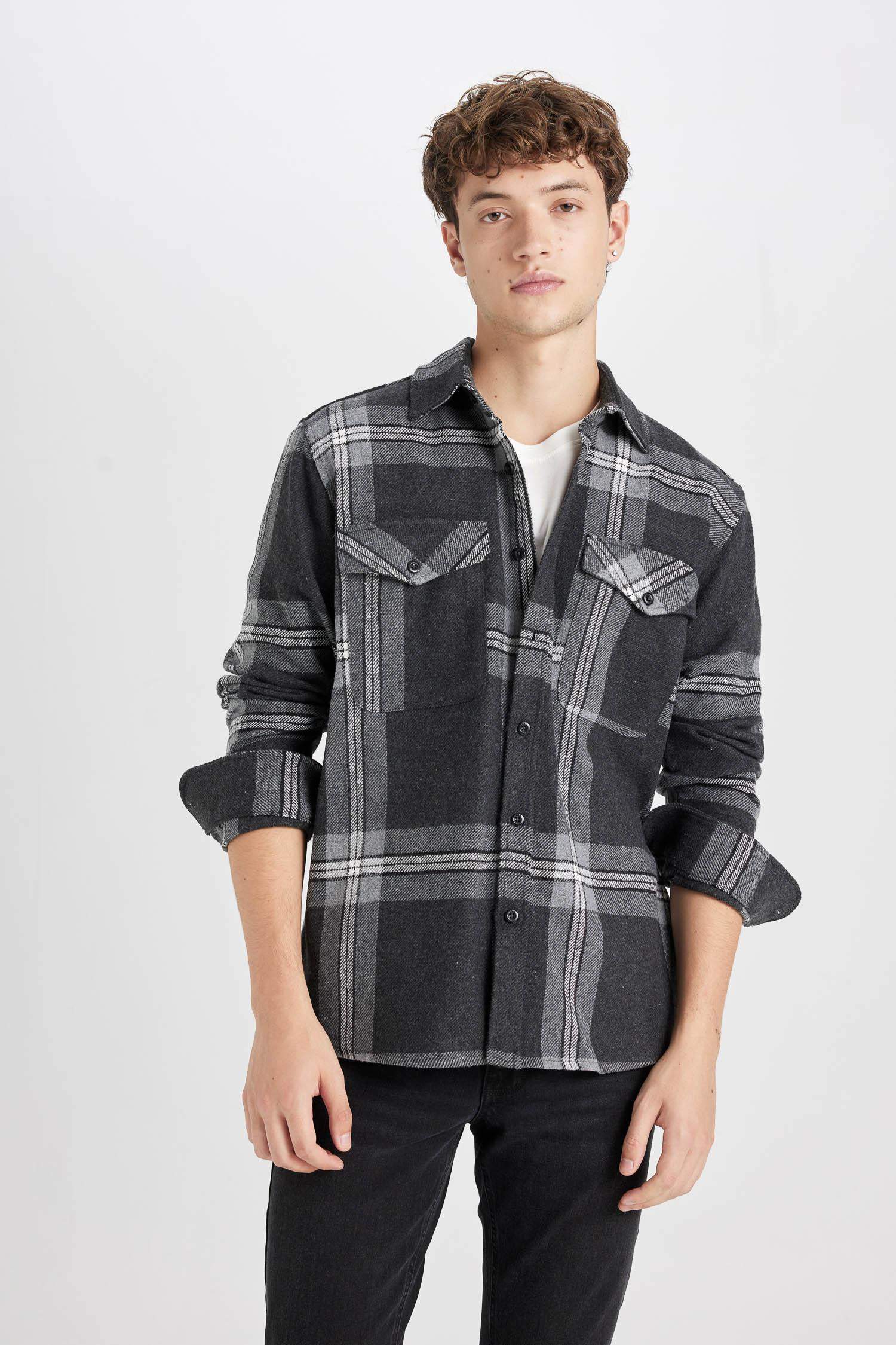 Regular Fit Polo Yaka Kareli Oduncu Flanel Uzun Kollu Gömlek