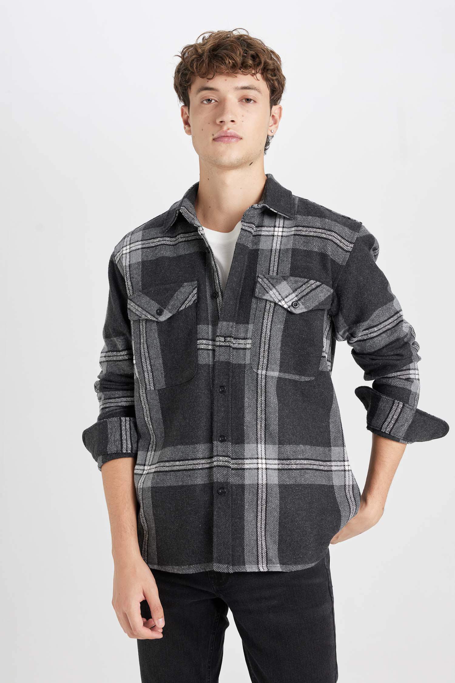 Regular Fit Polo Yaka Kareli Oduncu Flanel Uzun Kollu Gömlek