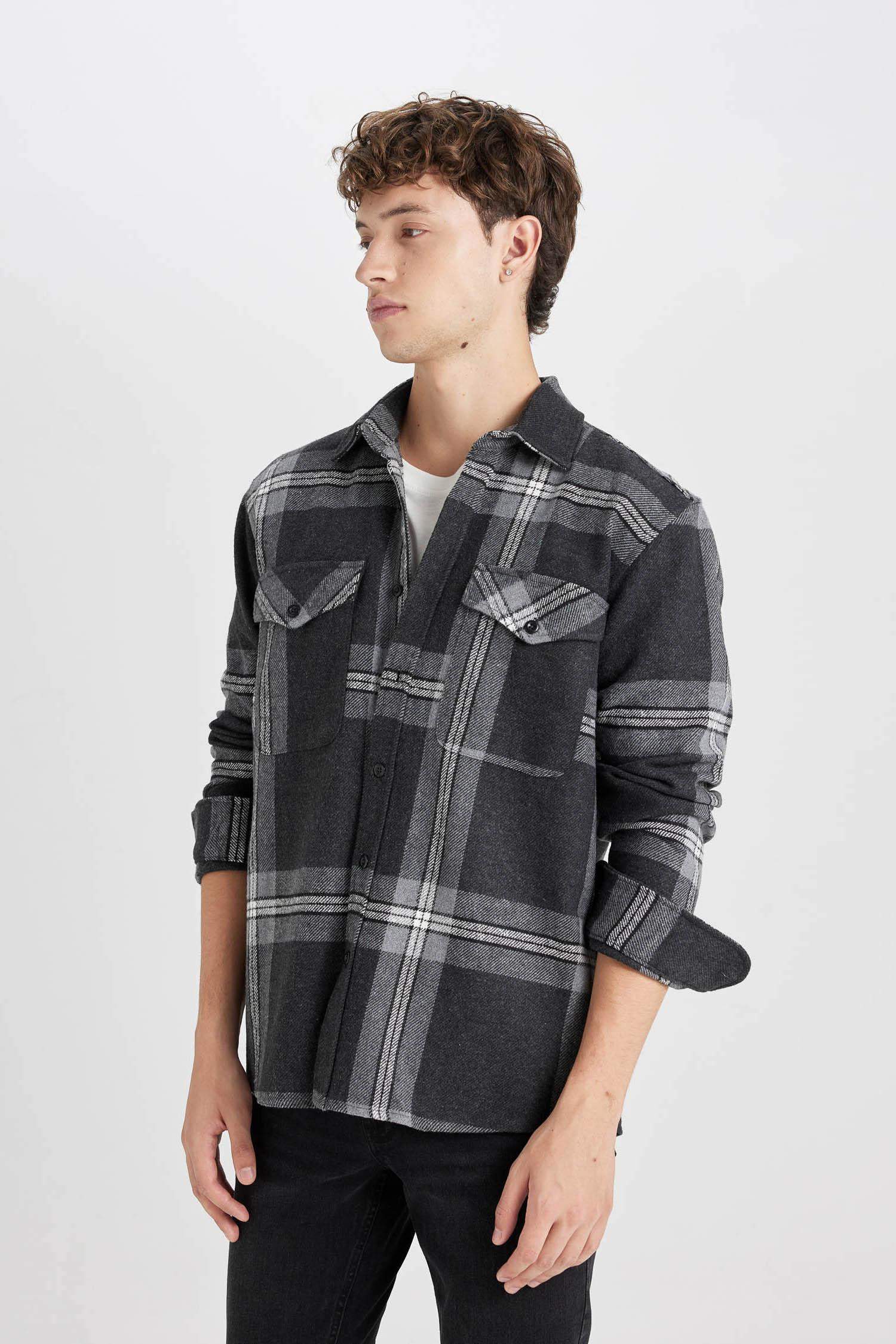 Regular Fit Polo Yaka Kareli Oduncu Flanel Uzun Kollu Gömlek