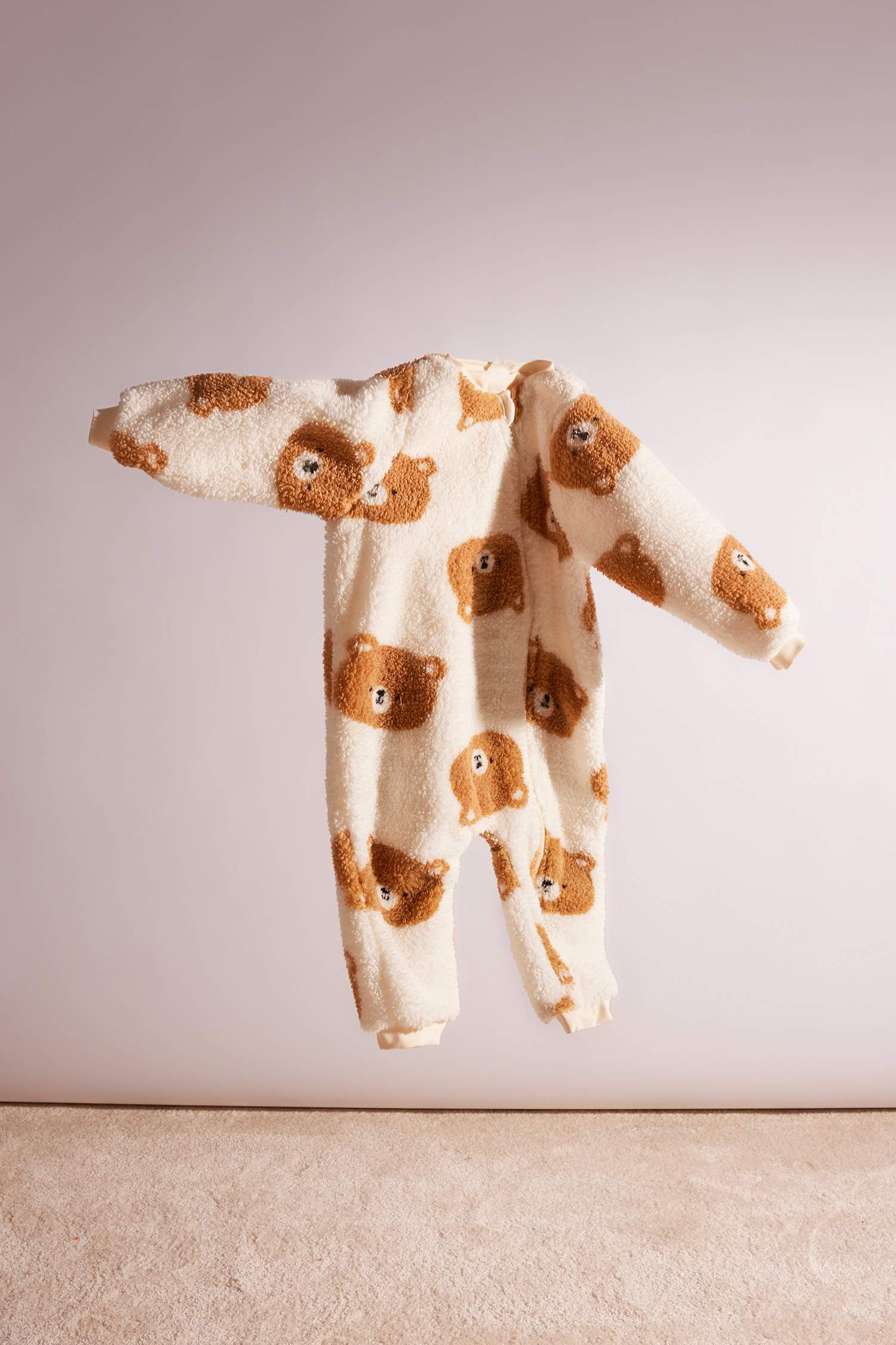 Baby Boy Newborn Bear Patterned Zippered Plush Jumpsuit