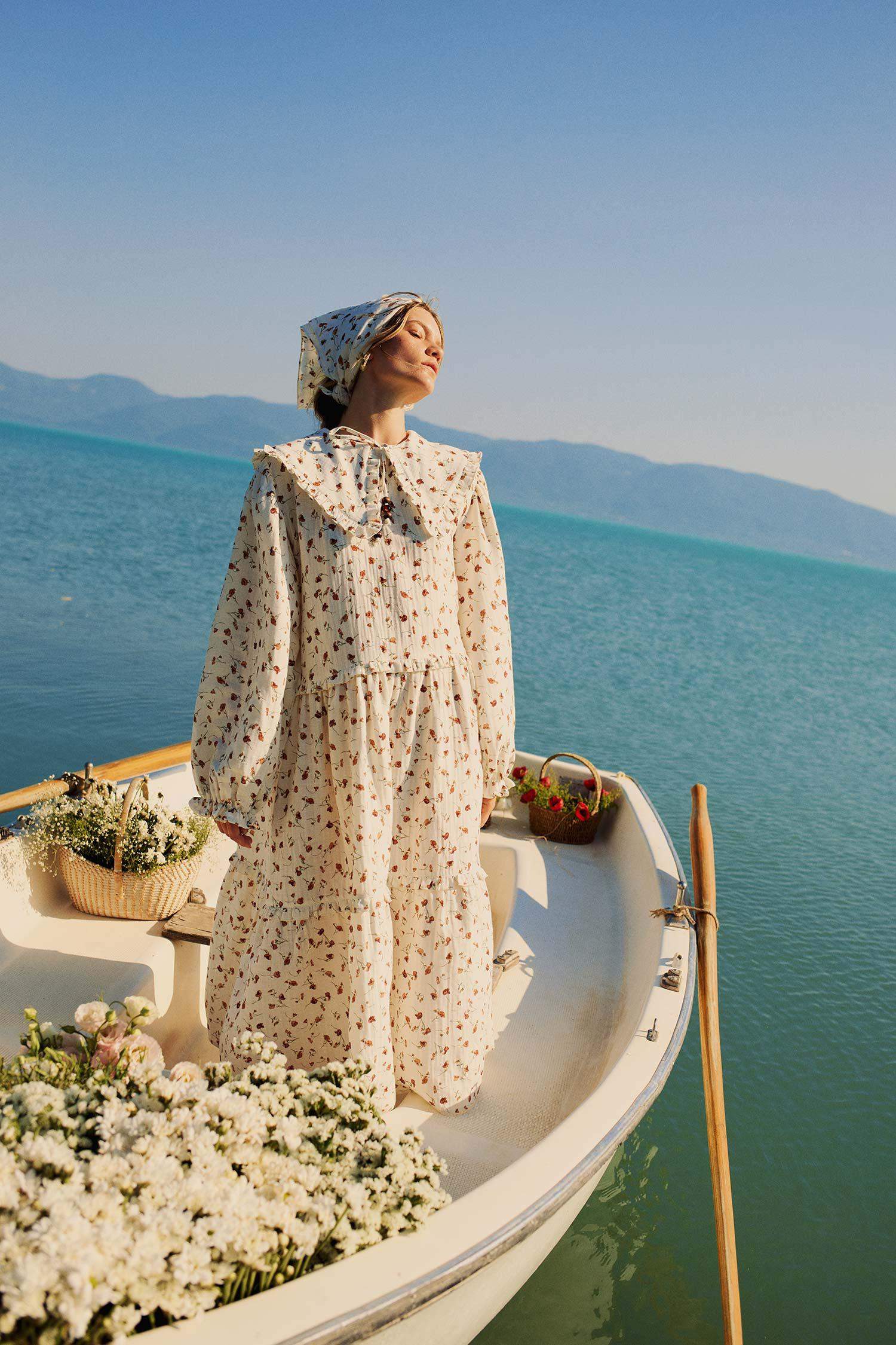 Manuka x DeFacto A Kesim Bebe Yaka Desenli Müslin Maxi Tesettür Elbise