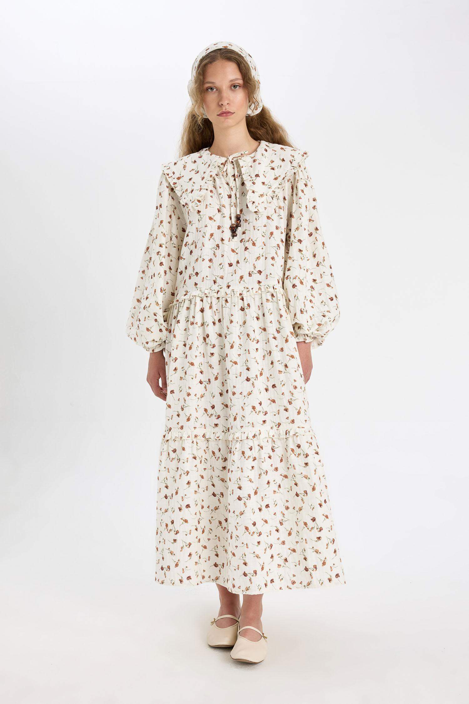 Manuka x DeFacto A Kesim Bebe Yaka Desenli Müslin Maxi Tesettür Elbise