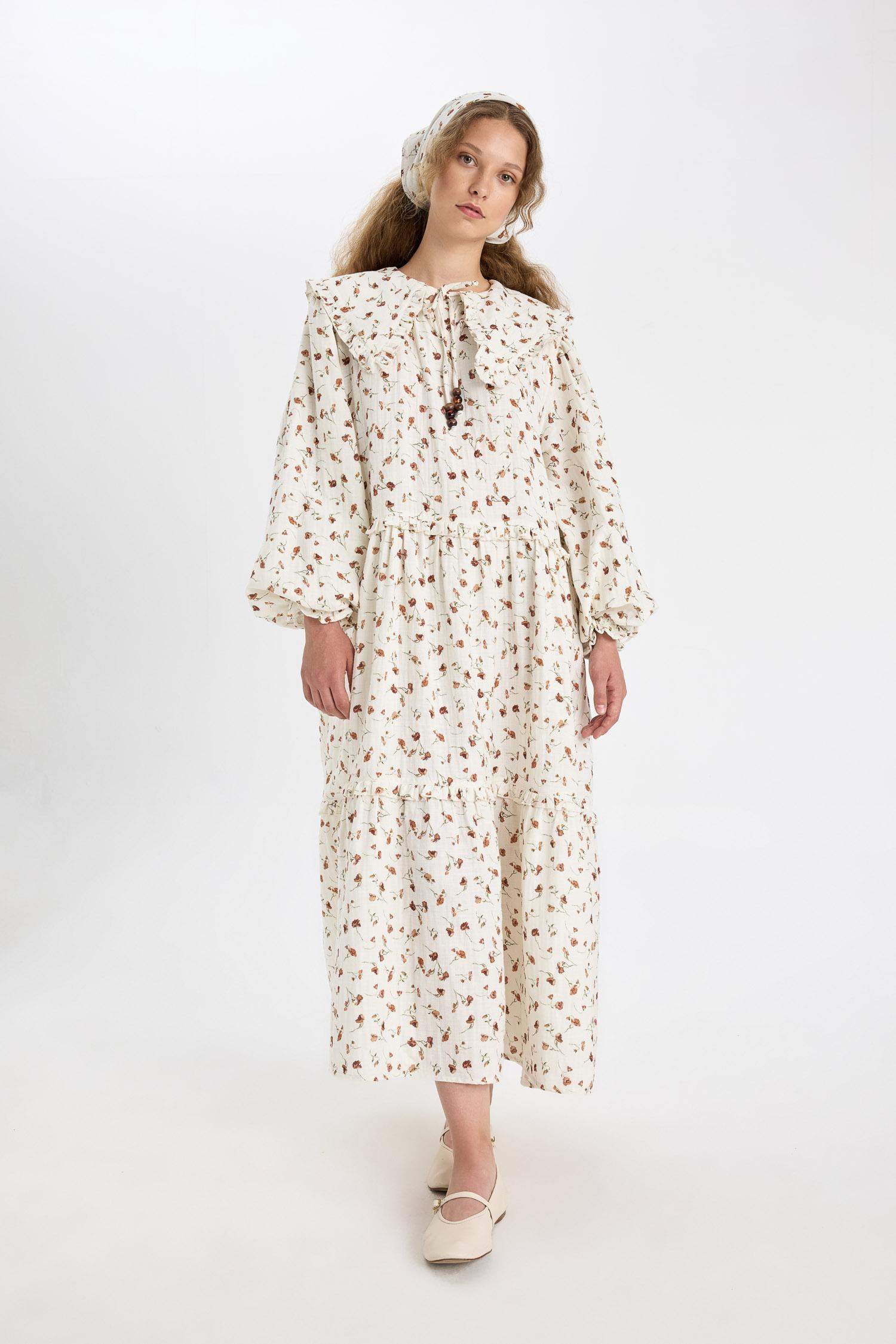 Manuka x DeFacto A Kesim Bebe Yaka Desenli Müslin Maxi Tesettür Elbise