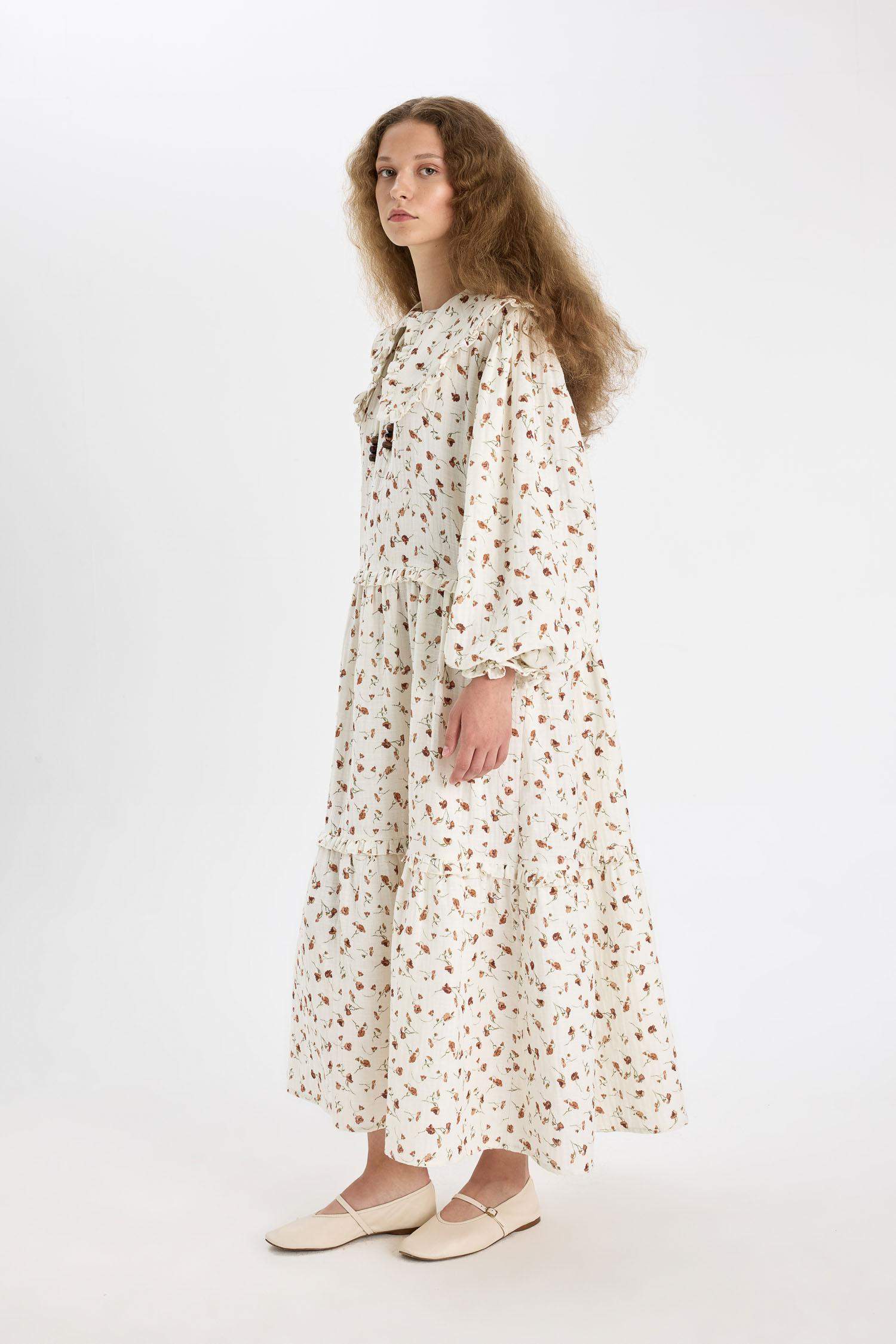 Manuka x DeFacto A Kesim Bebe Yaka Desenli Müslin Maxi Tesettür Elbise