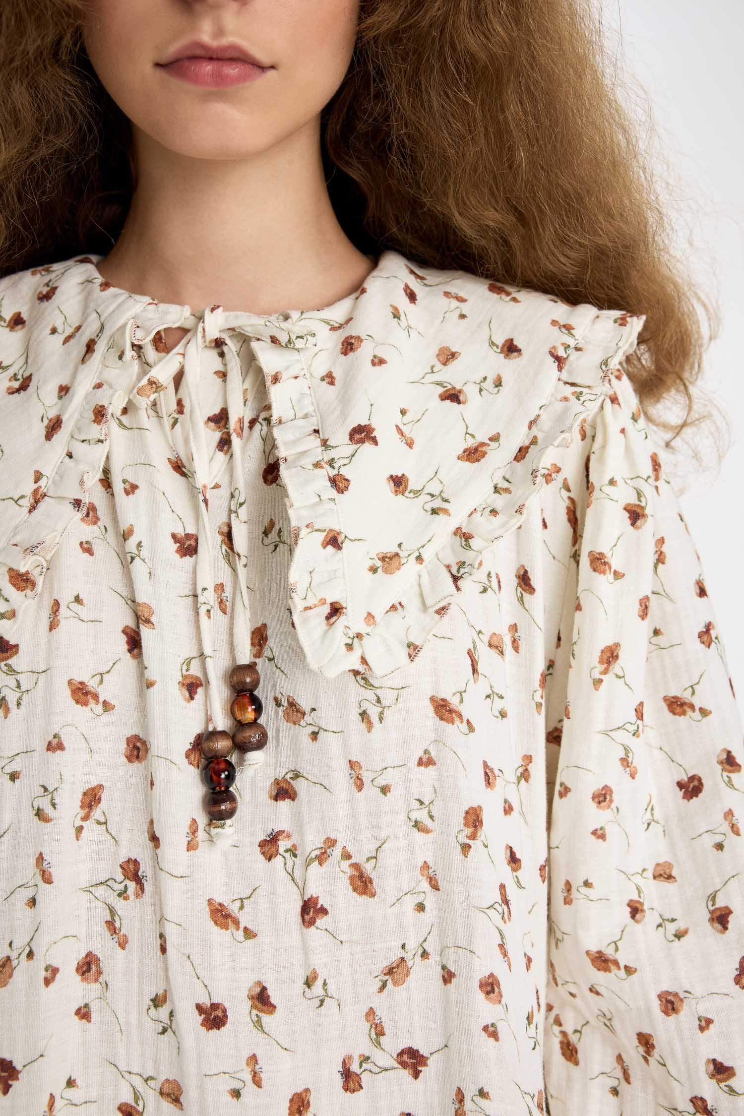 Manuka x DeFacto A Kesim Bebe Yaka Desenli Müslin Maxi Tesettür Elbise