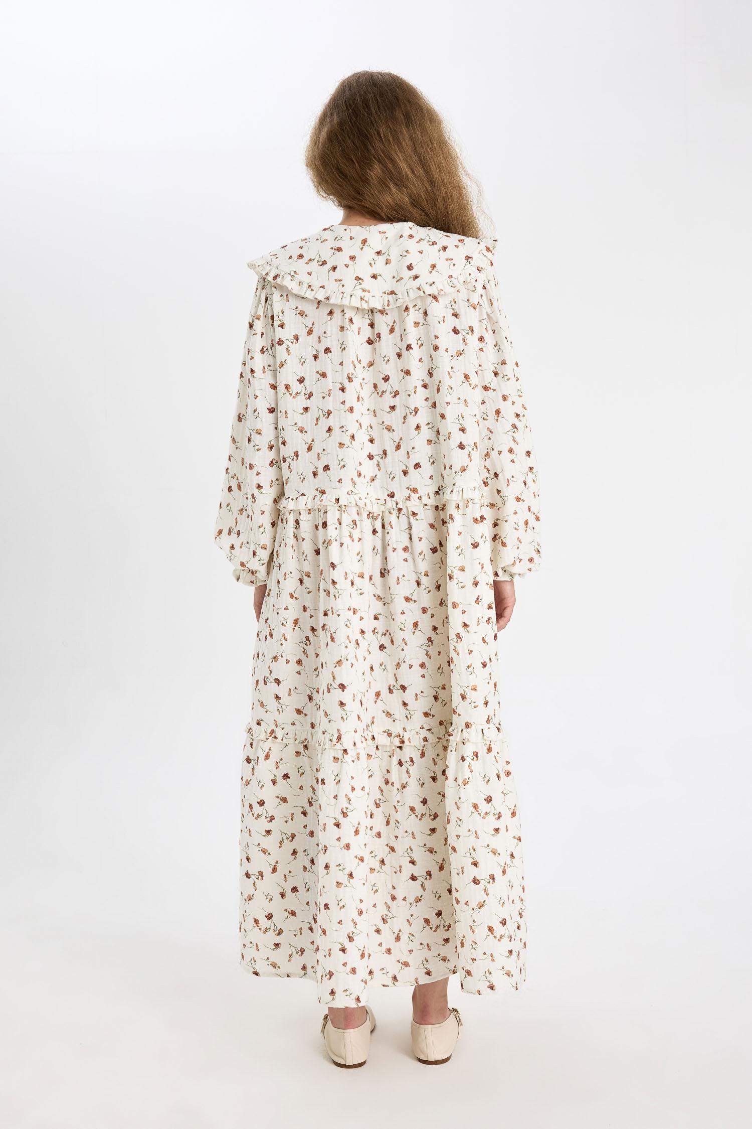 Manuka x DeFacto A Kesim Bebe Yaka Desenli Müslin Maxi Tesettür Elbise