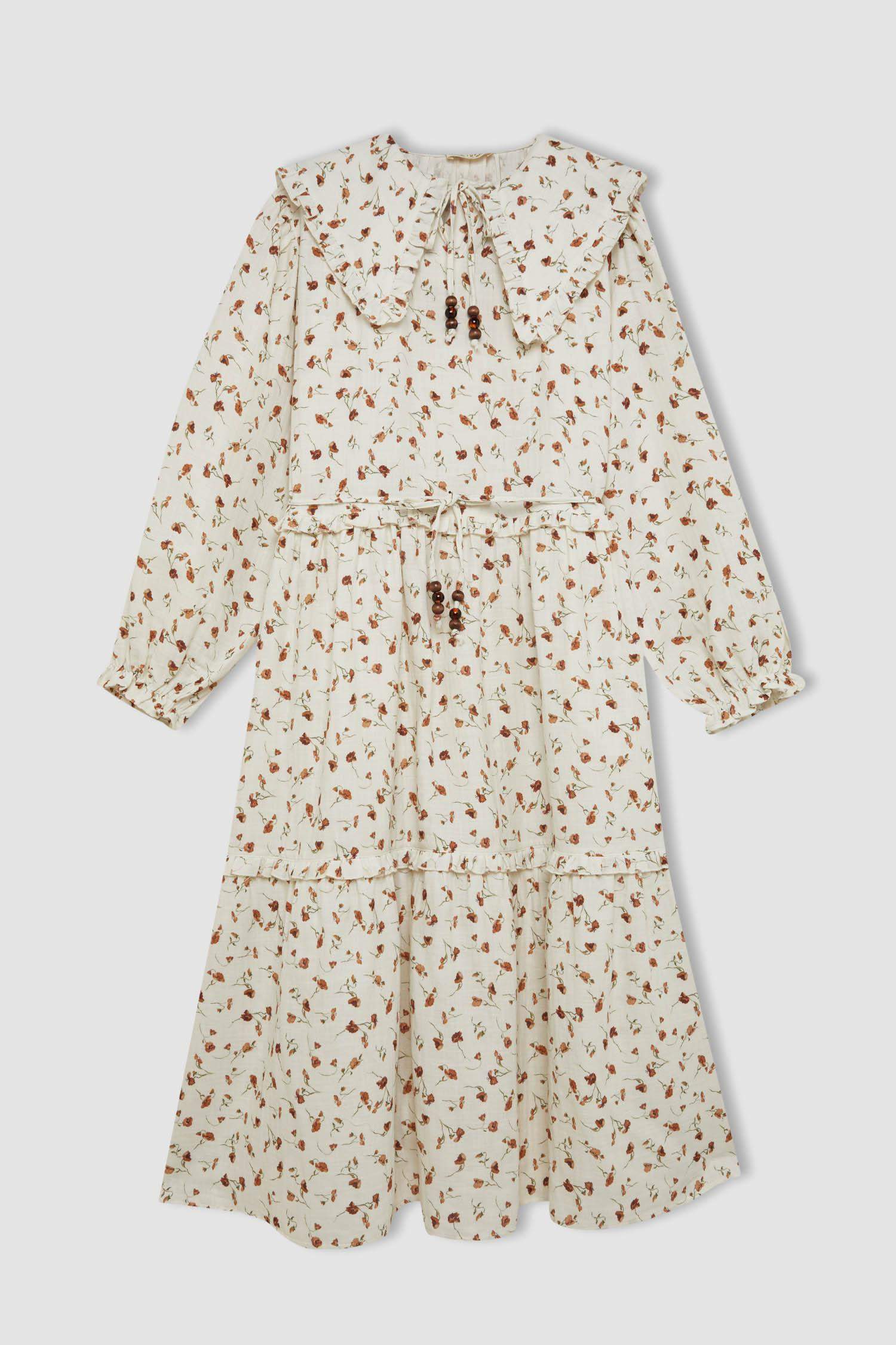 Manuka x DeFacto A Kesim Bebe Yaka Desenli Müslin Maxi Tesettür Elbise