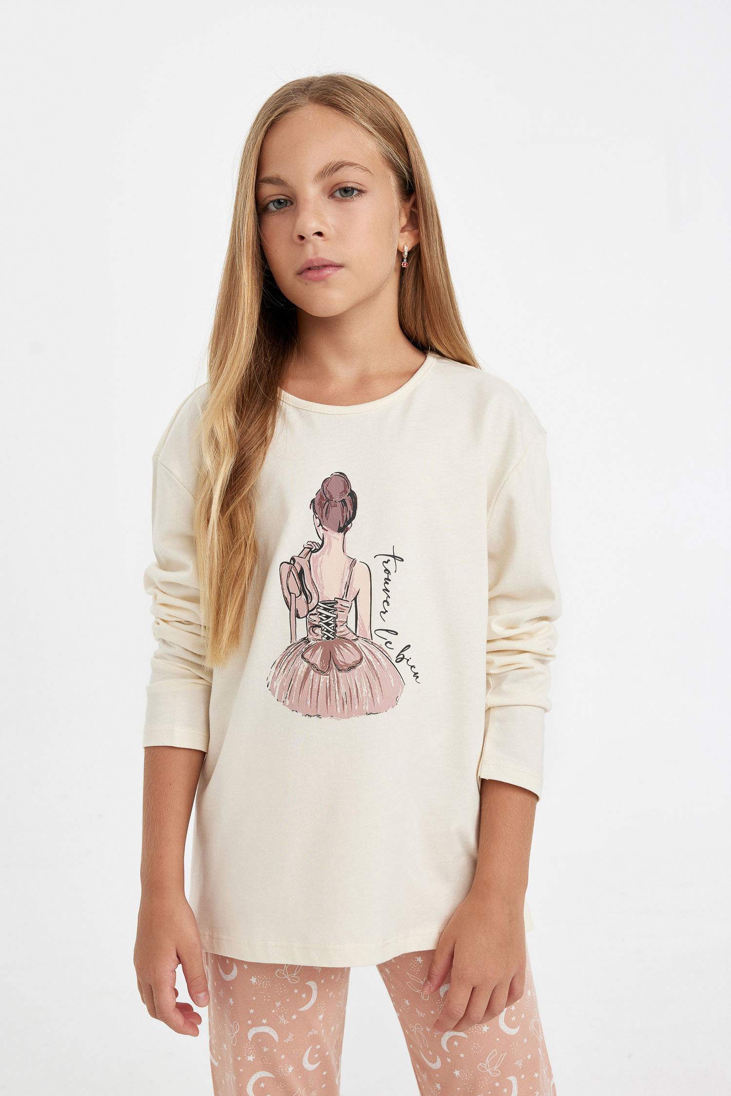 Kız Çocuk Pijama Takımı Balerin Kız Baskılı Uzun Kollu Üst Uzun Alt