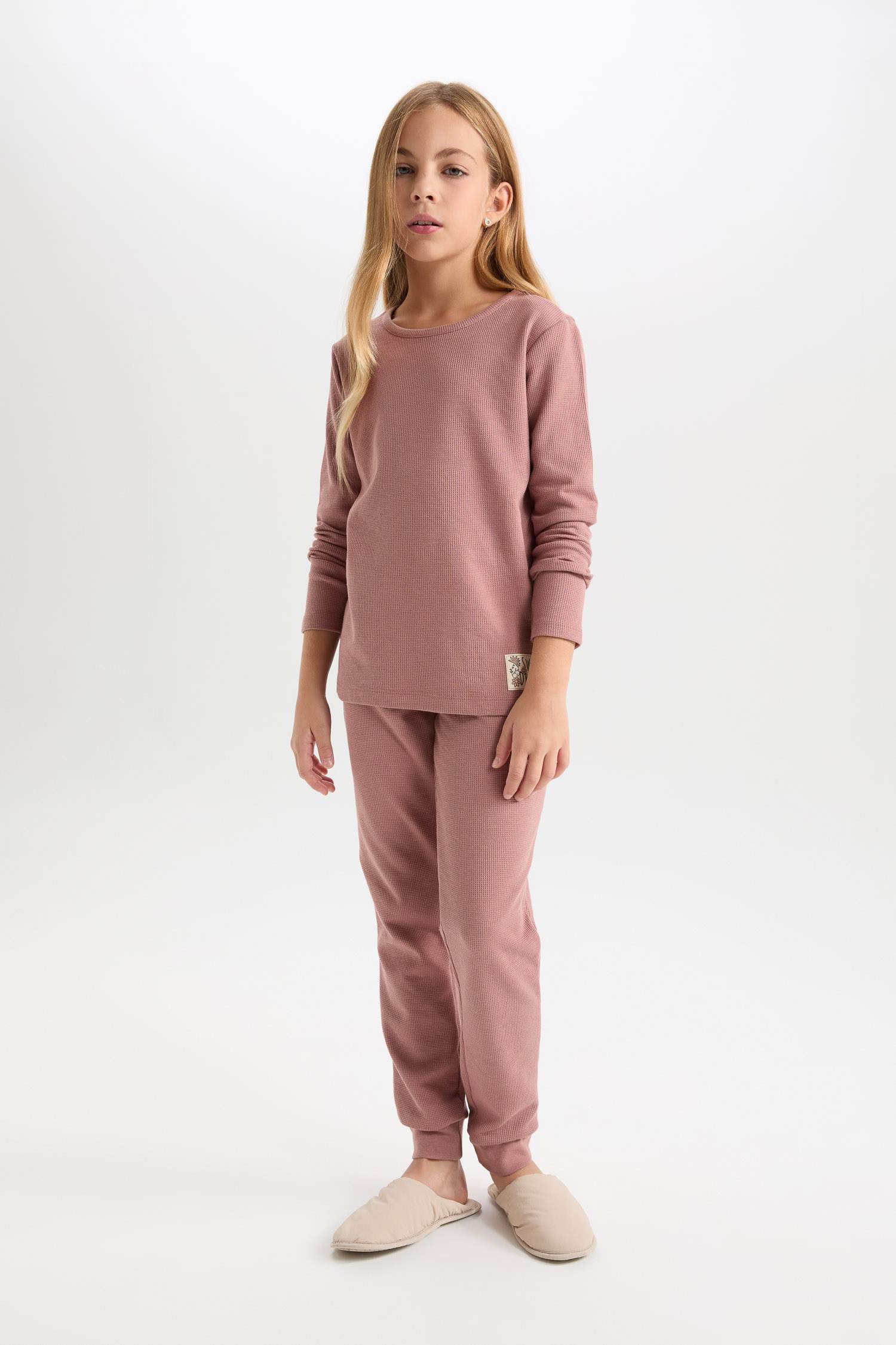 طقم بيجاما بناتي وافل قصة عادية - قطعتين