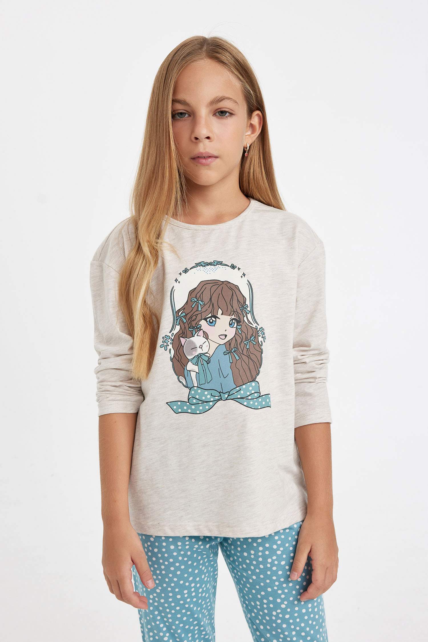 طقم بيجاما بناتي قصة عادية كم طويل بيج - قطعتين