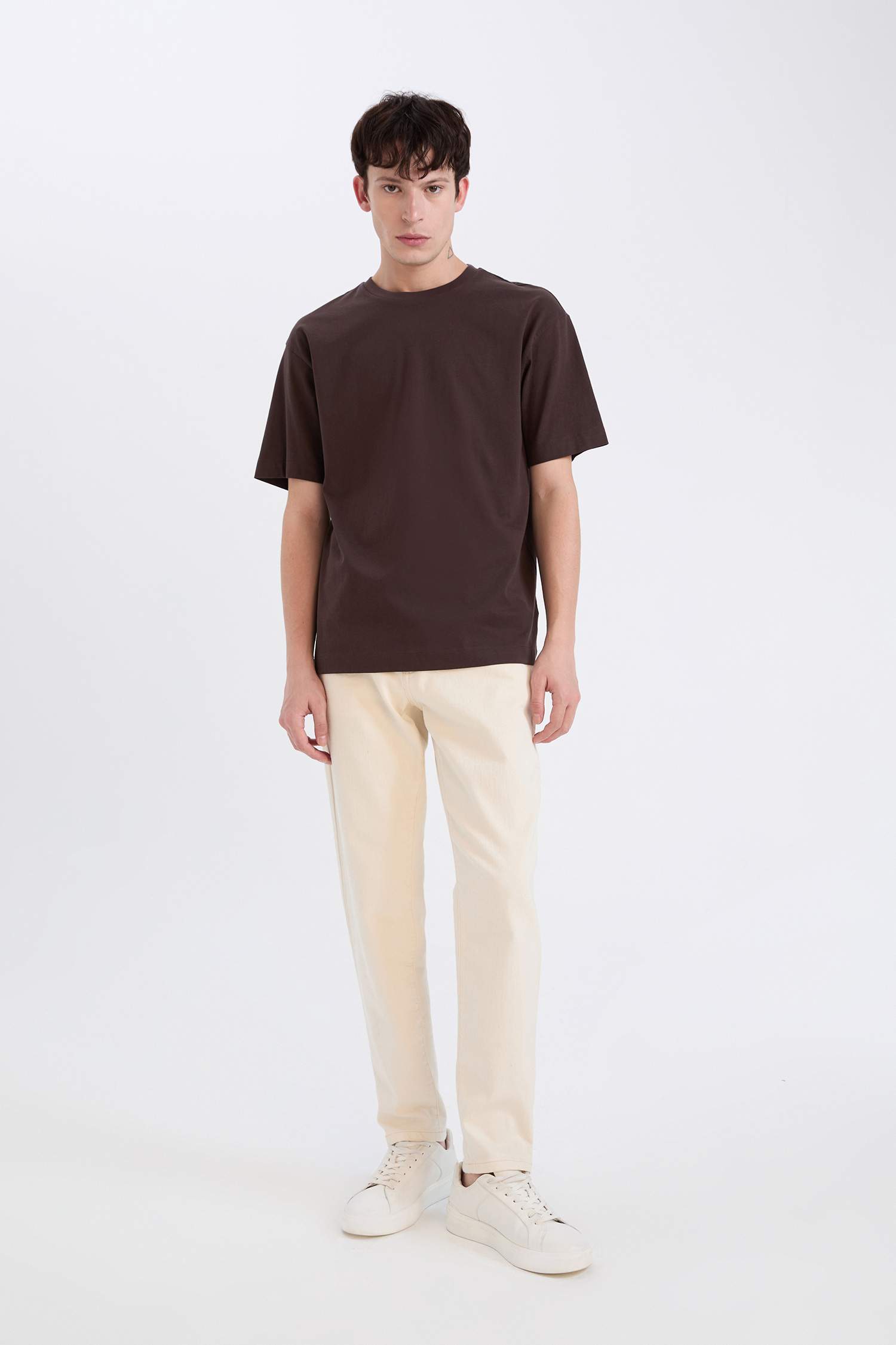 %100 Pamuk Boxy Fit Bisiklet Yaka Basic Düz Kısa Kollu Tişört