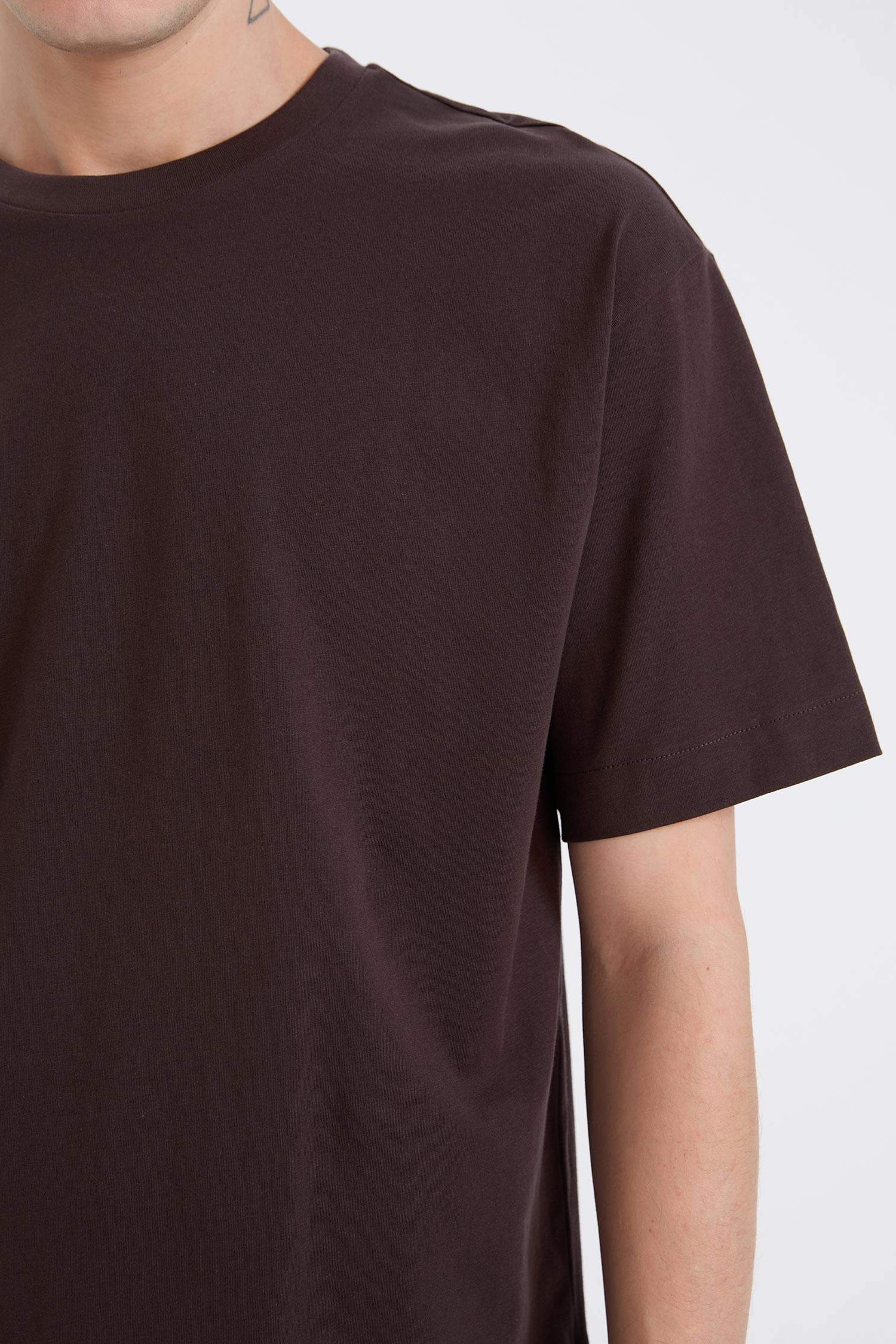 %100 Pamuk Boxy Fit Bisiklet Yaka Basic Düz Kısa Kollu Tişört