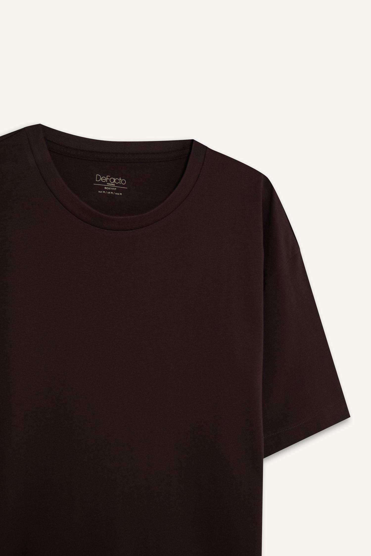 %100 Pamuk Boxy Fit Bisiklet Yaka Basic Düz Kısa Kollu Tişört