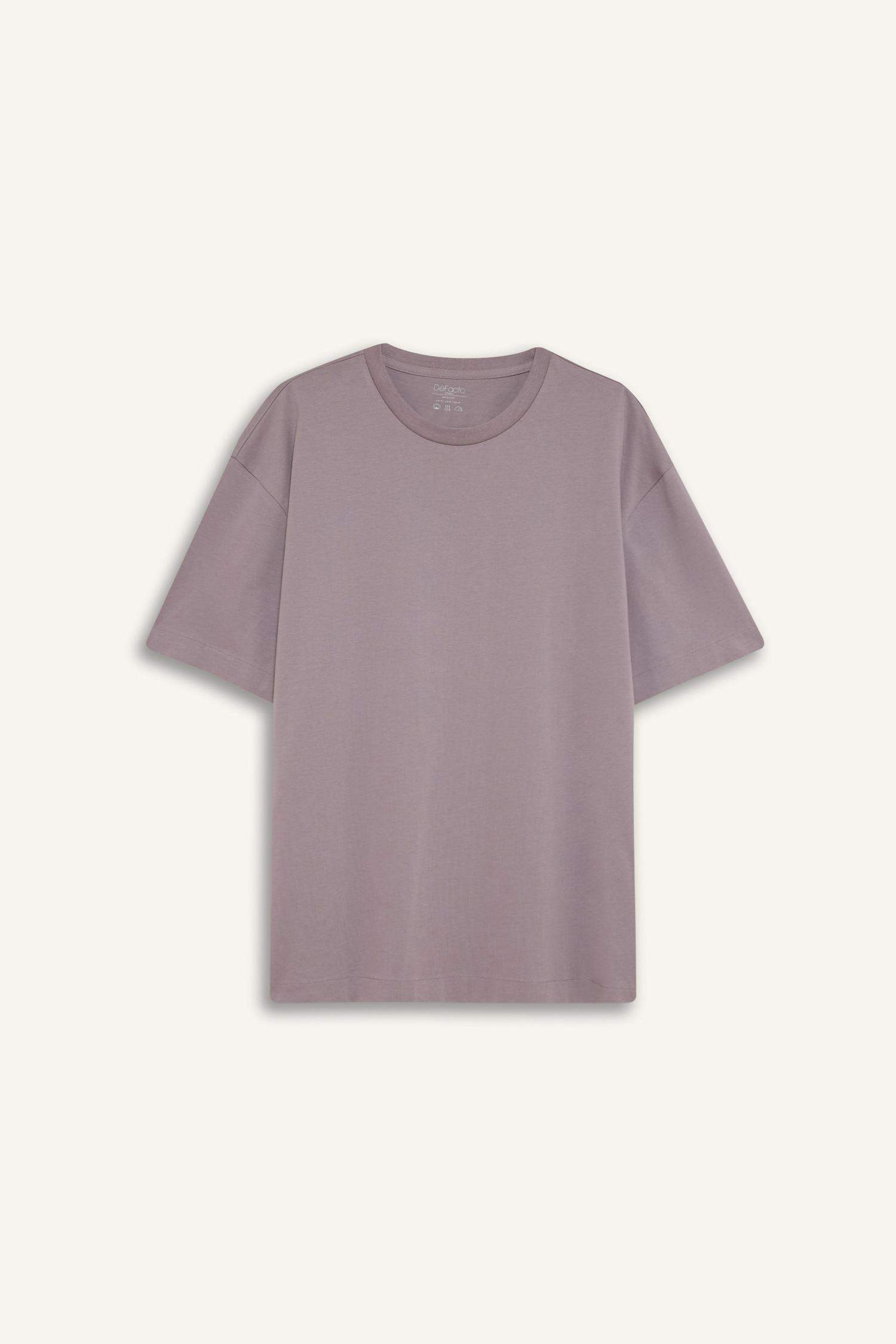 %100 Pamuk Boxy Fit Bisiklet Yaka Basic Düz Kısa Kollu Tişört