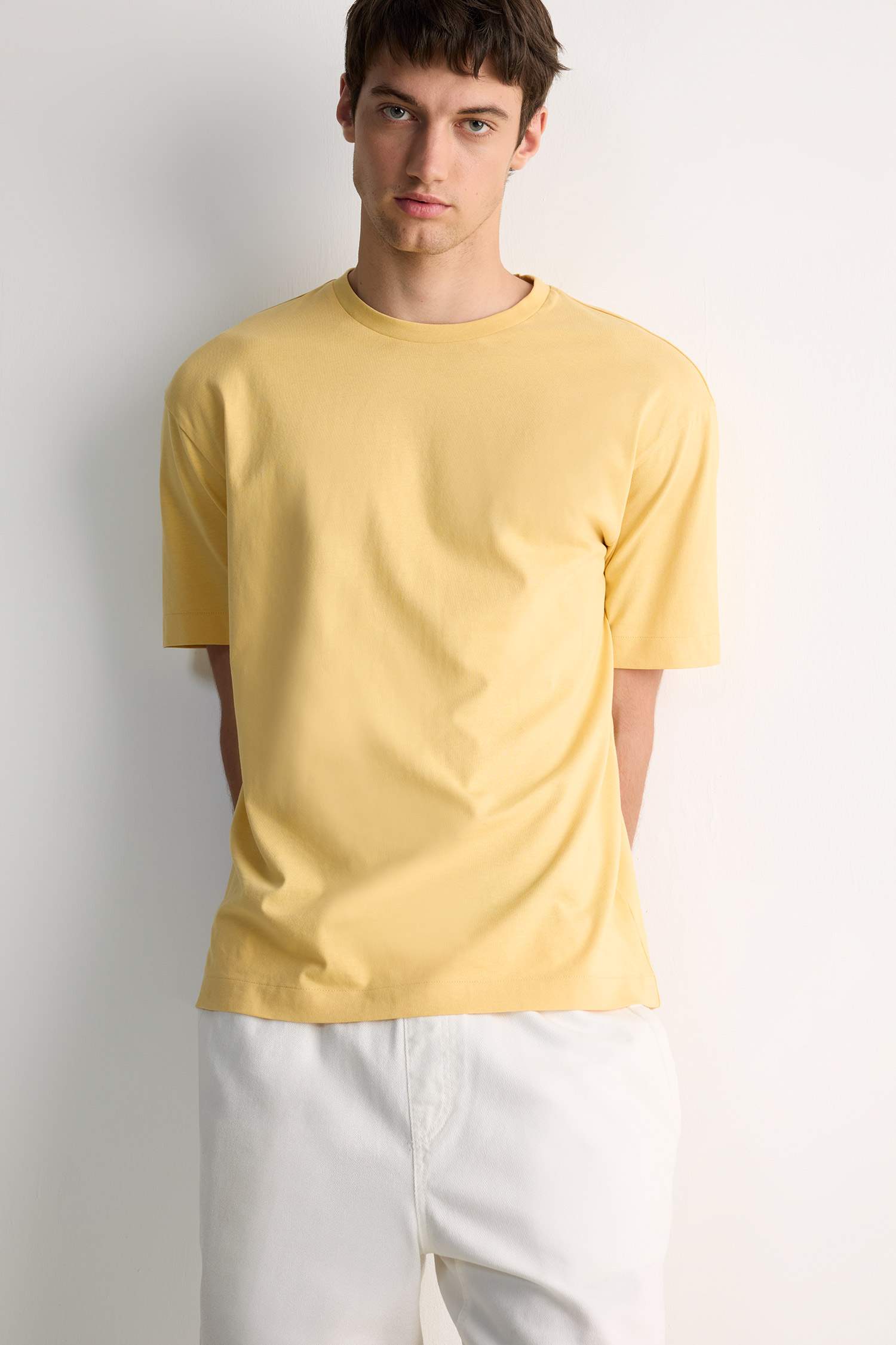 %100 Pamuk Boxy Fit Bisiklet Yaka Basic Düz Kısa Kollu Tişört