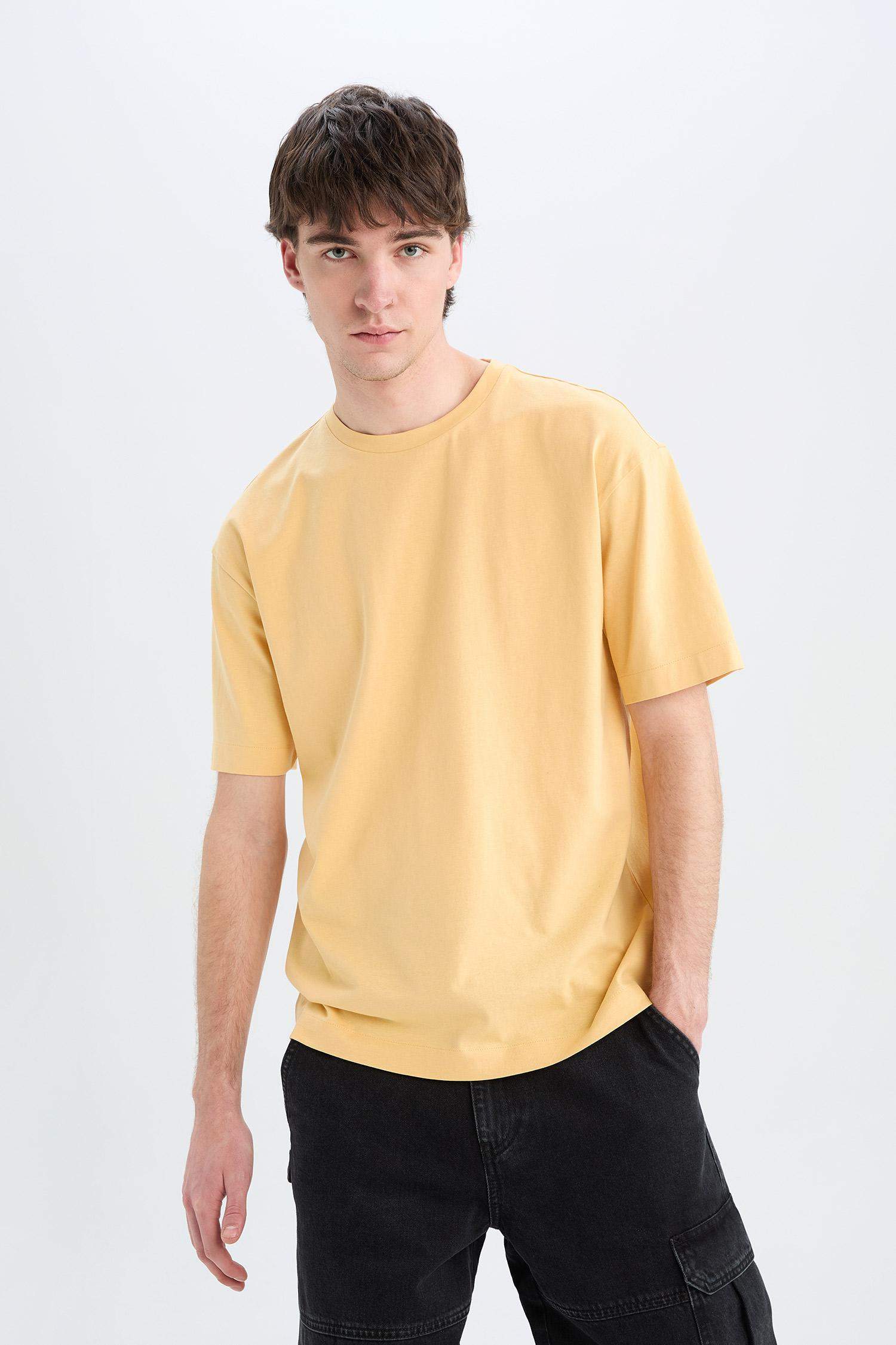 %100 Pamuk Boxy Fit Bisiklet Yaka Basic Düz Kısa Kollu Tişört