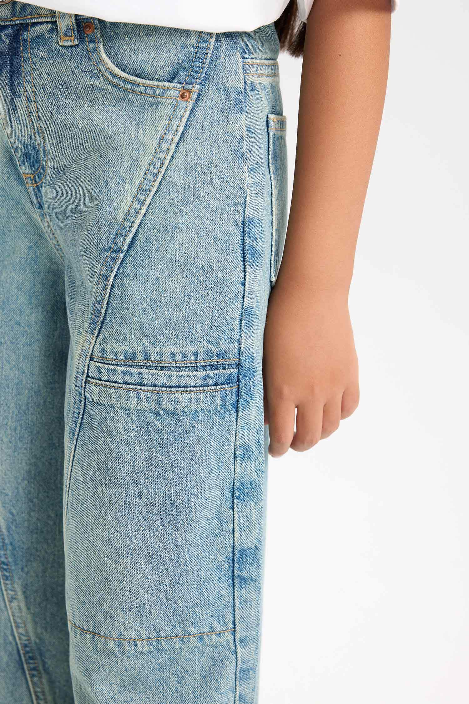 بنطرون جينز كارجو بناتي وايد ليج برجل واسع بجيب