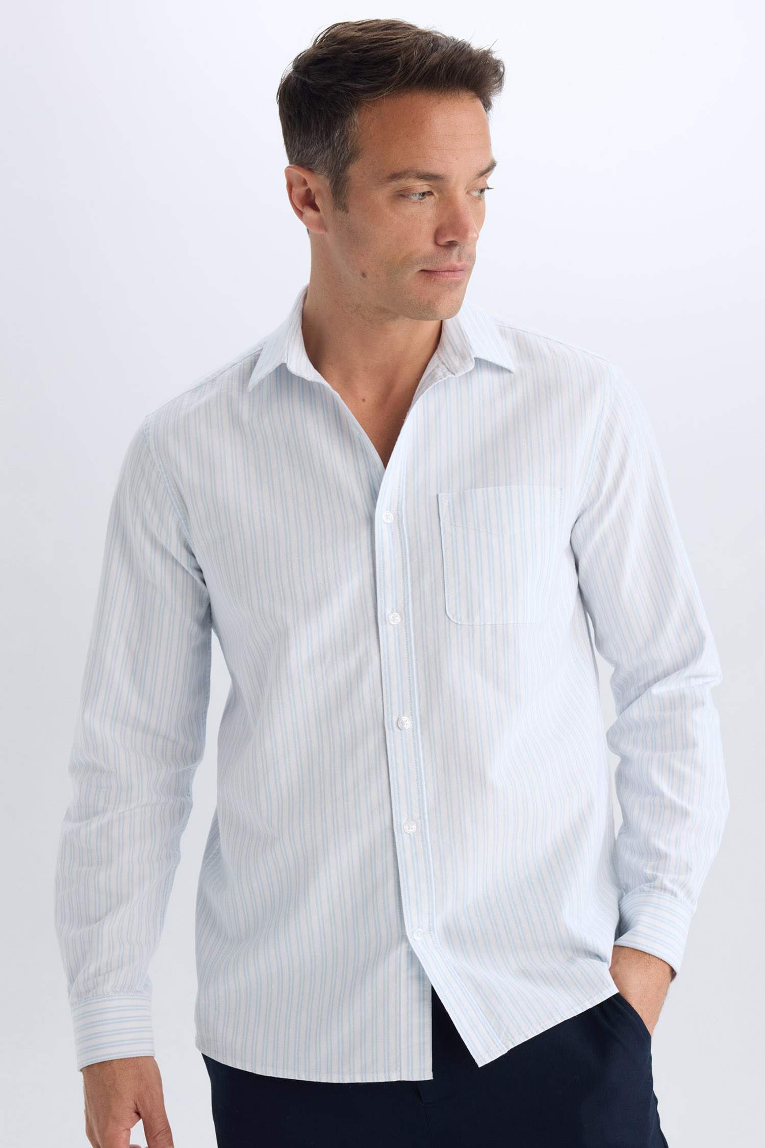 Regular Fit Polo Collar Striped Oxford Long Sleeve Shirt