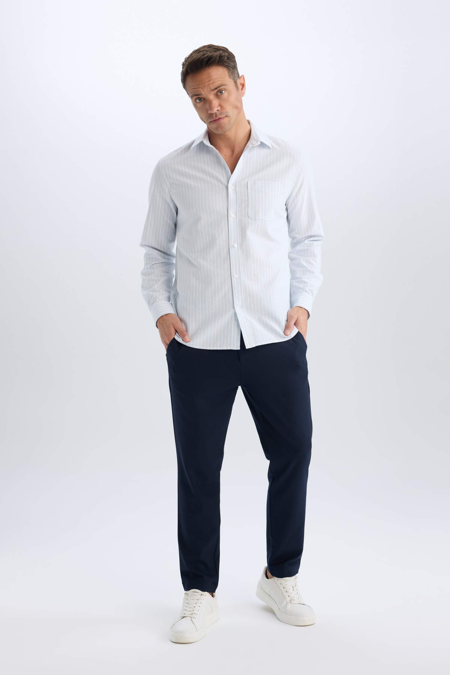 Regular Fit Polo Collar Striped Oxford Long Sleeve Shirt