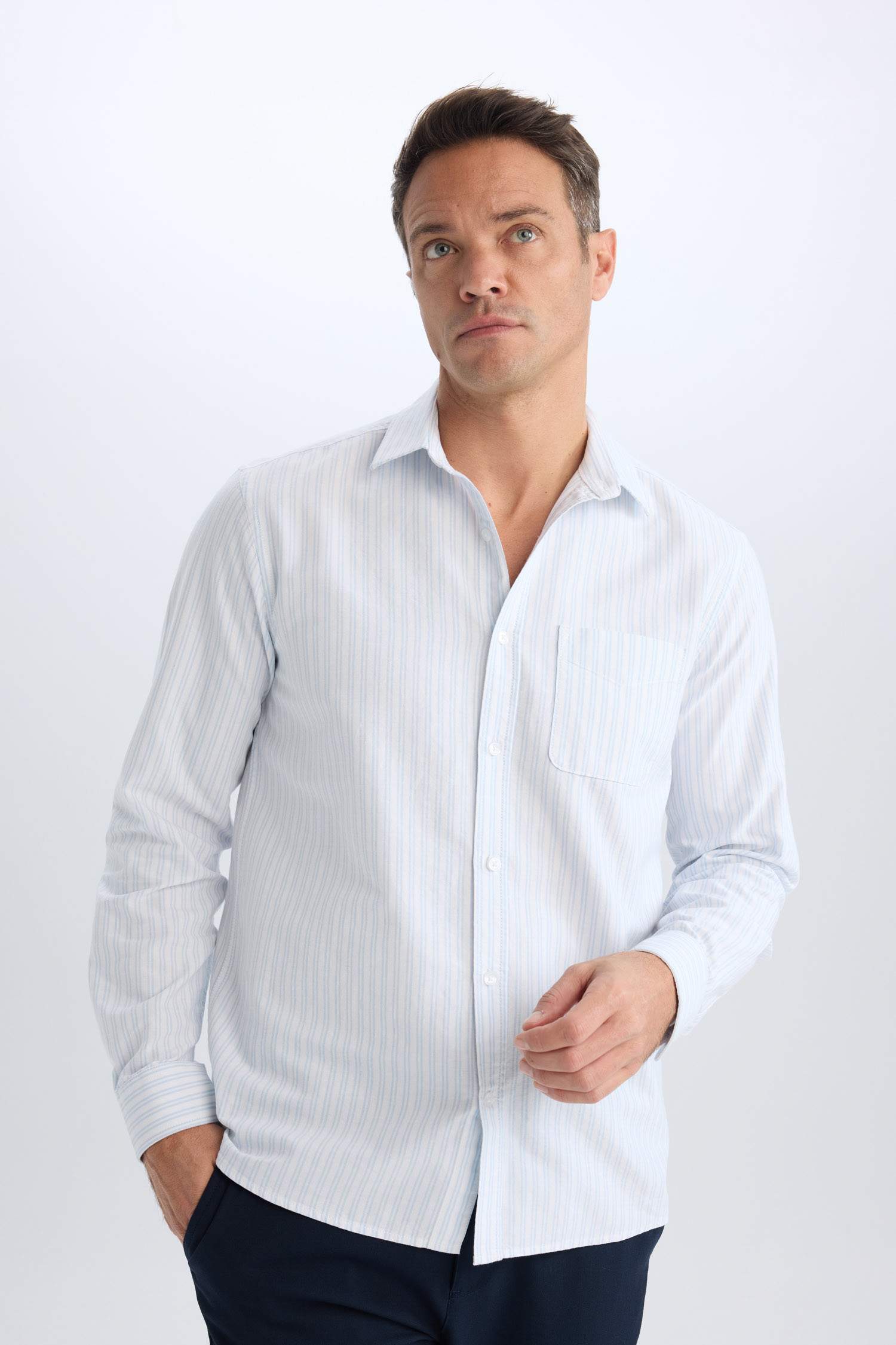 Regular Fit Polo Collar Striped Oxford Long Sleeve Shirt