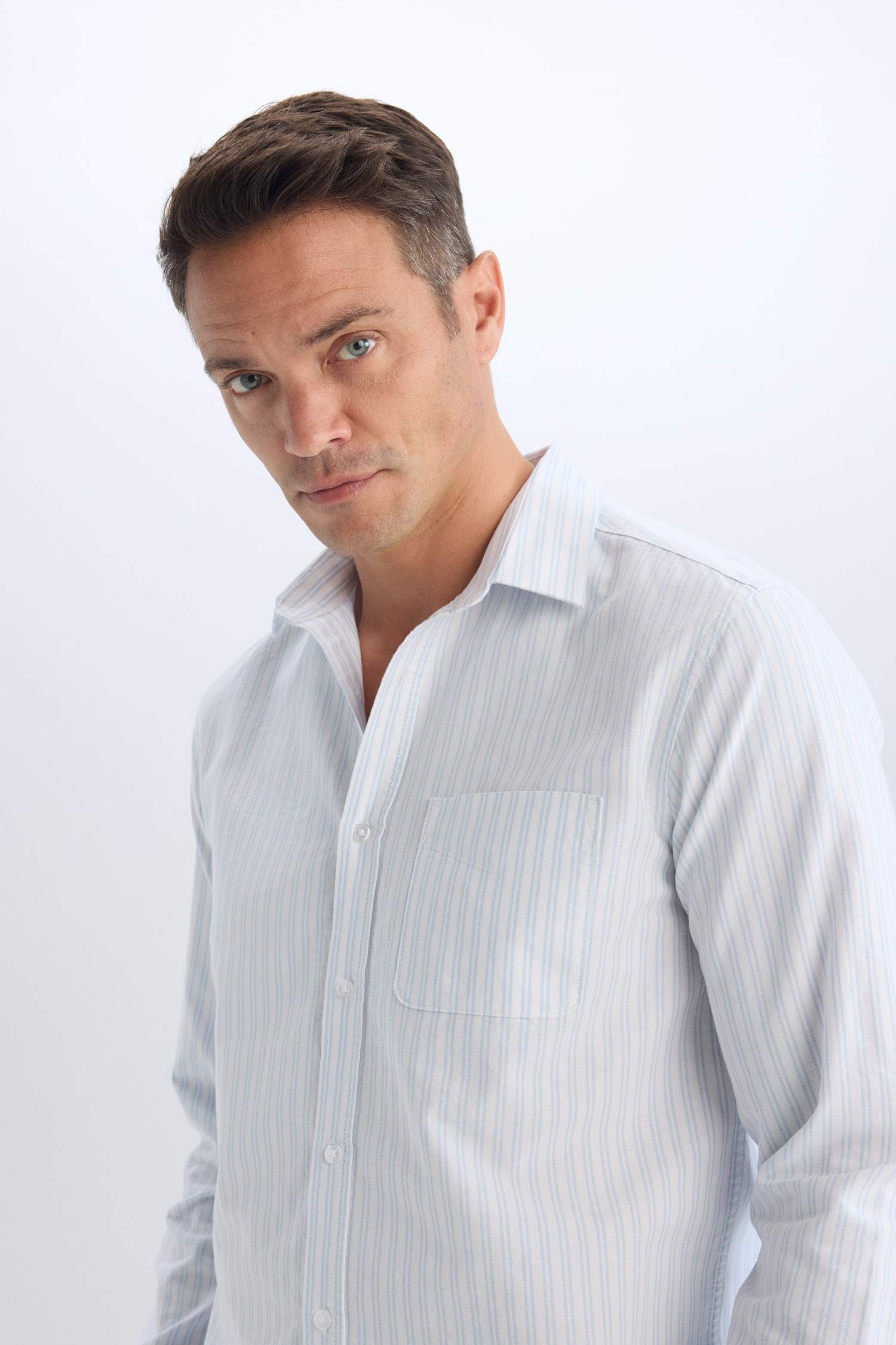 Regular Fit Polo Collar Striped Oxford Long Sleeve Shirt