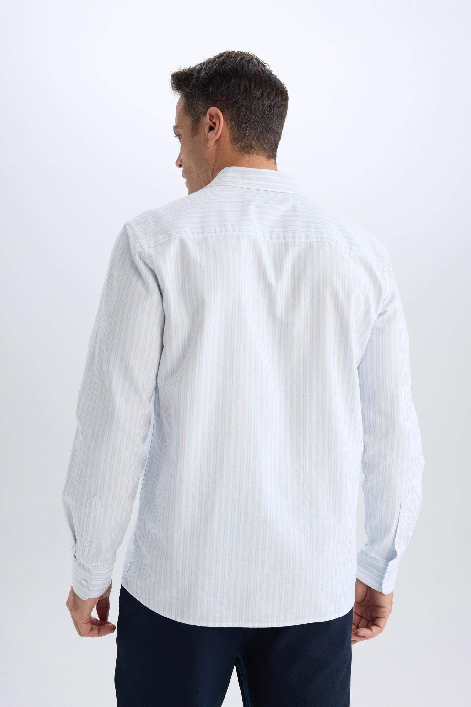 Regular Fit Polo Collar Striped Oxford Long Sleeve Shirt