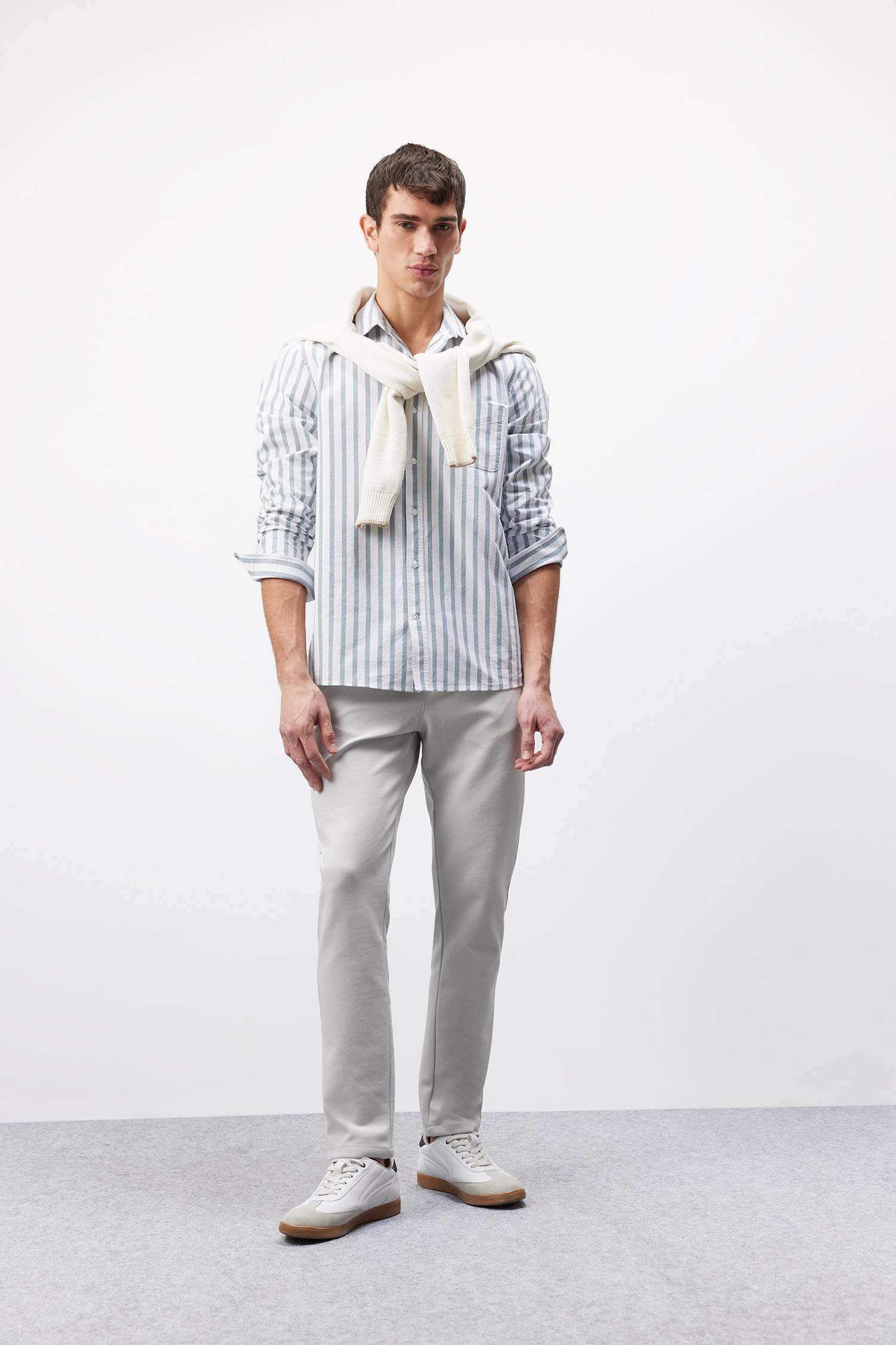 Regular Fit Polo Collar Striped Oxford Long Sleeve Shirt