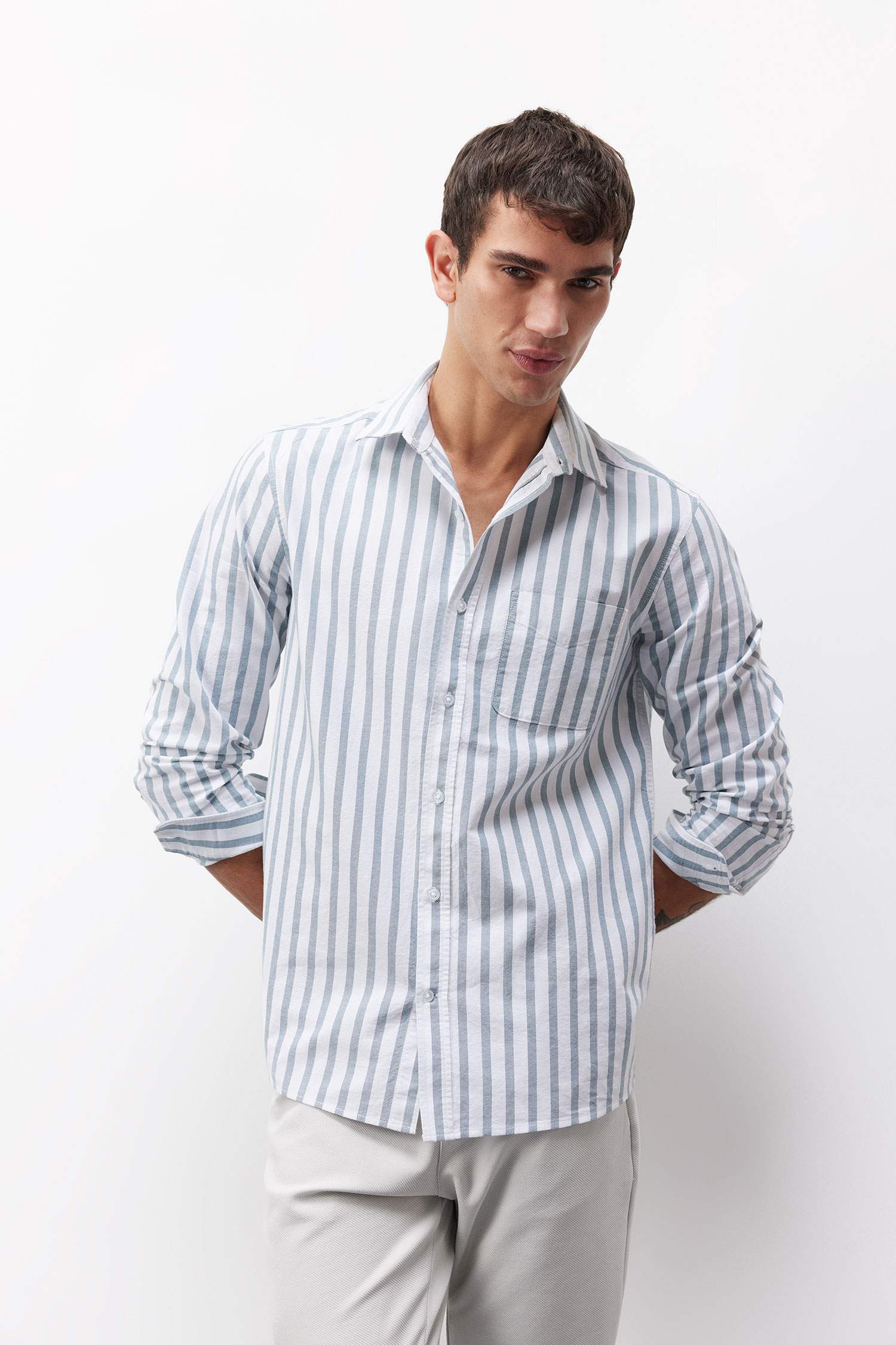 Regular Fit Polo Collar Striped Oxford Long Sleeve Shirt