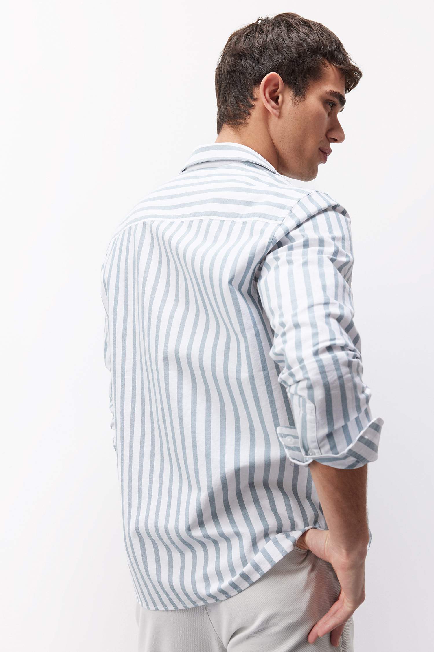 Regular Fit Polo Collar Striped Oxford Long Sleeve Shirt