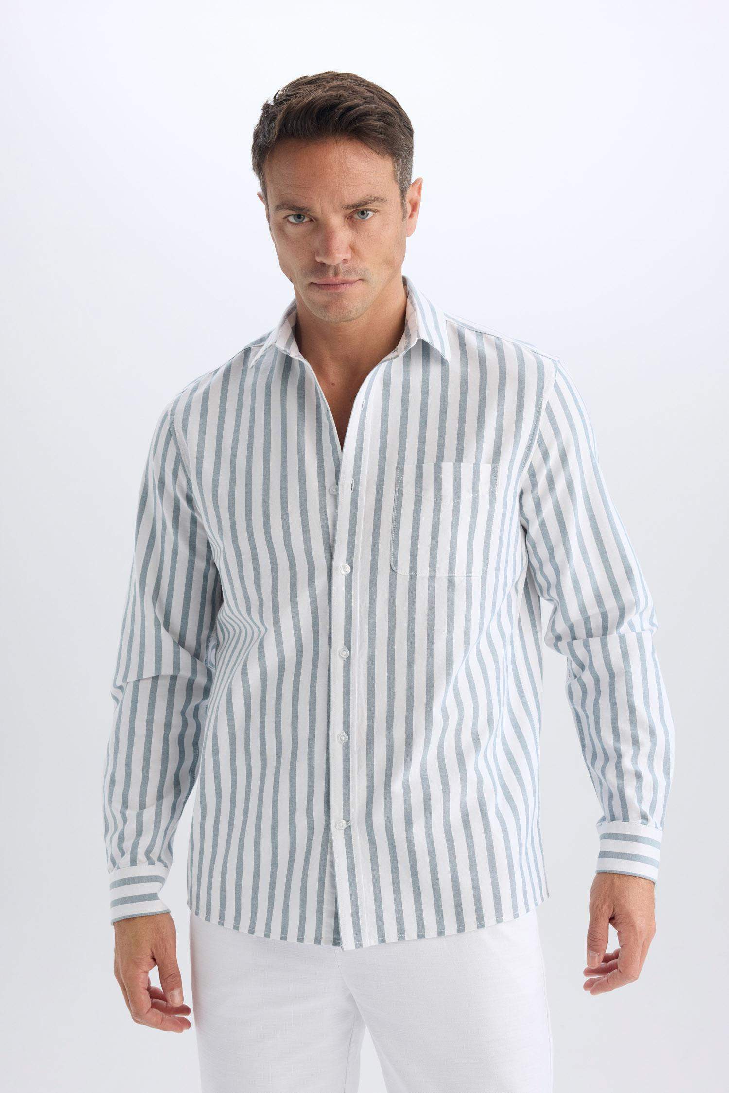 Regular Fit Polo Collar Striped Oxford Long Sleeve Shirt