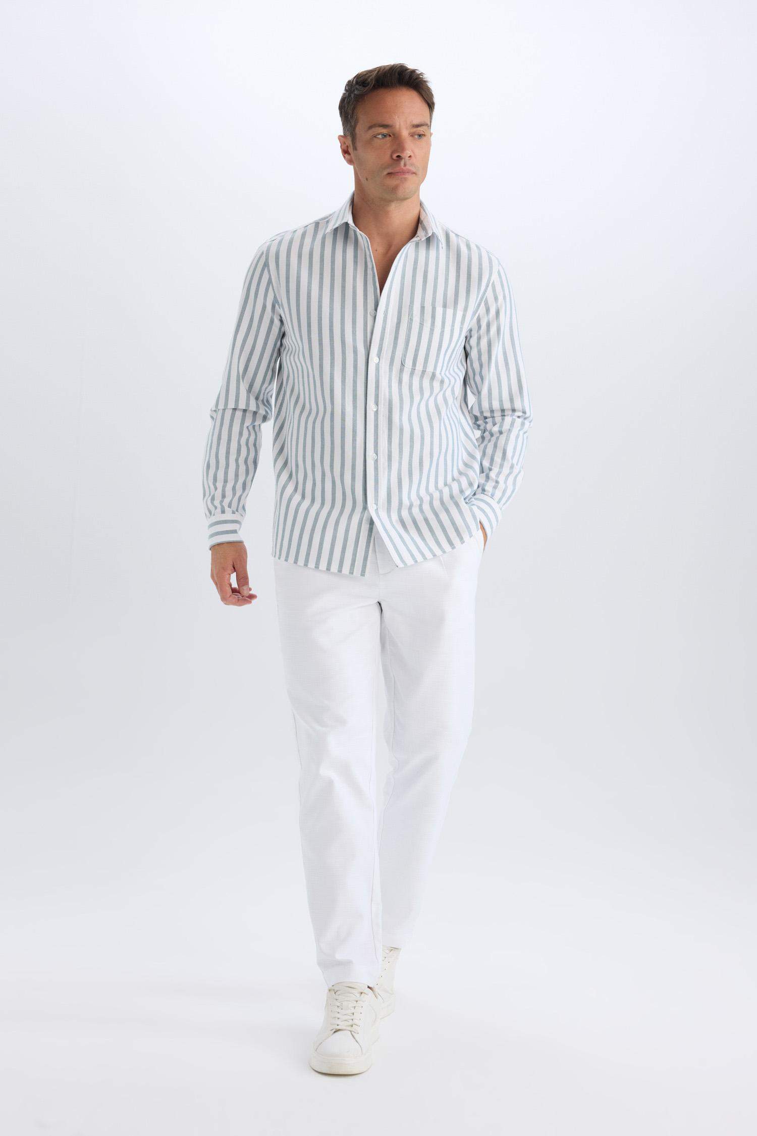 Regular Fit Polo Collar Striped Oxford Long Sleeve Shirt