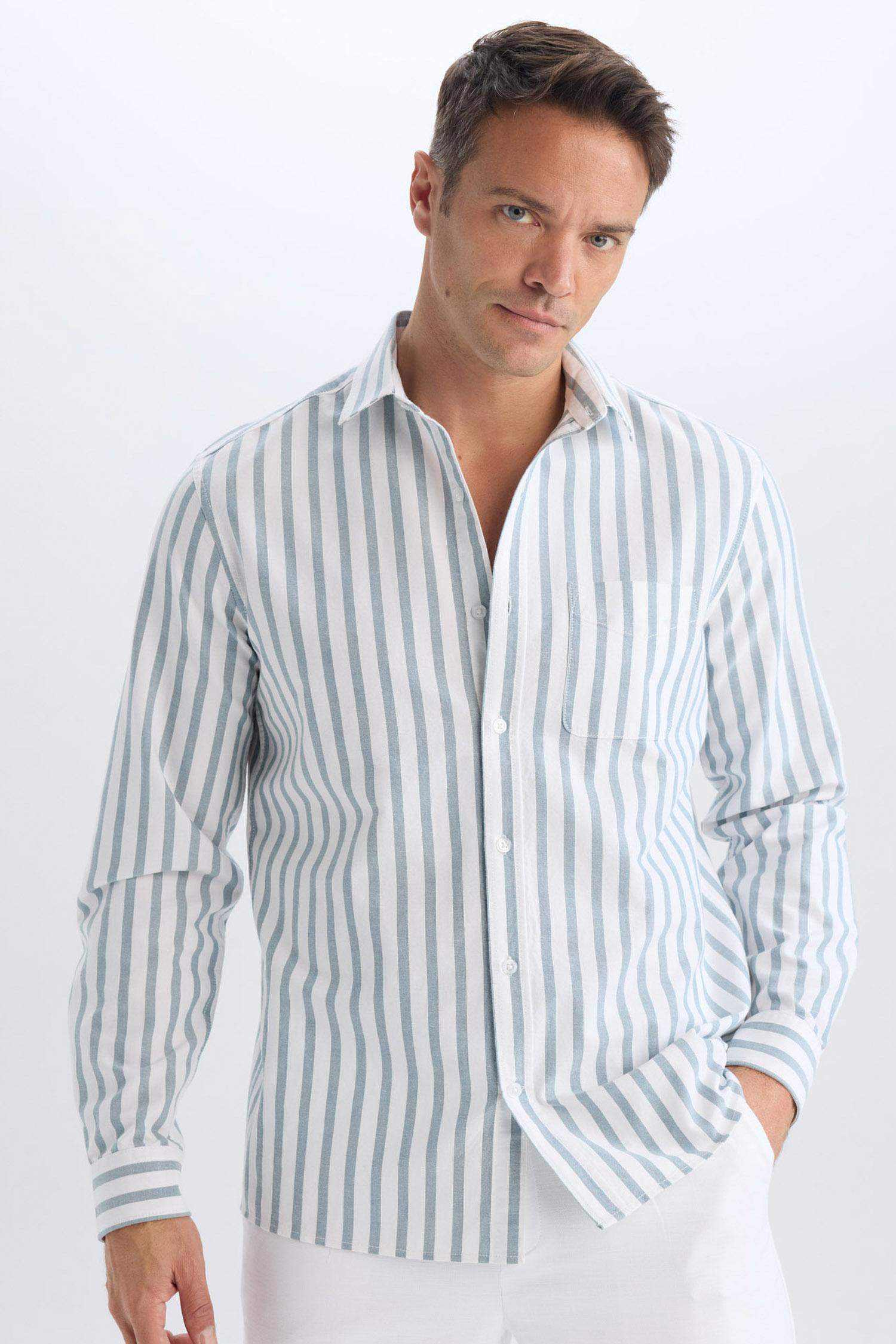 Regular Fit Polo Collar Striped Oxford Long Sleeve Shirt