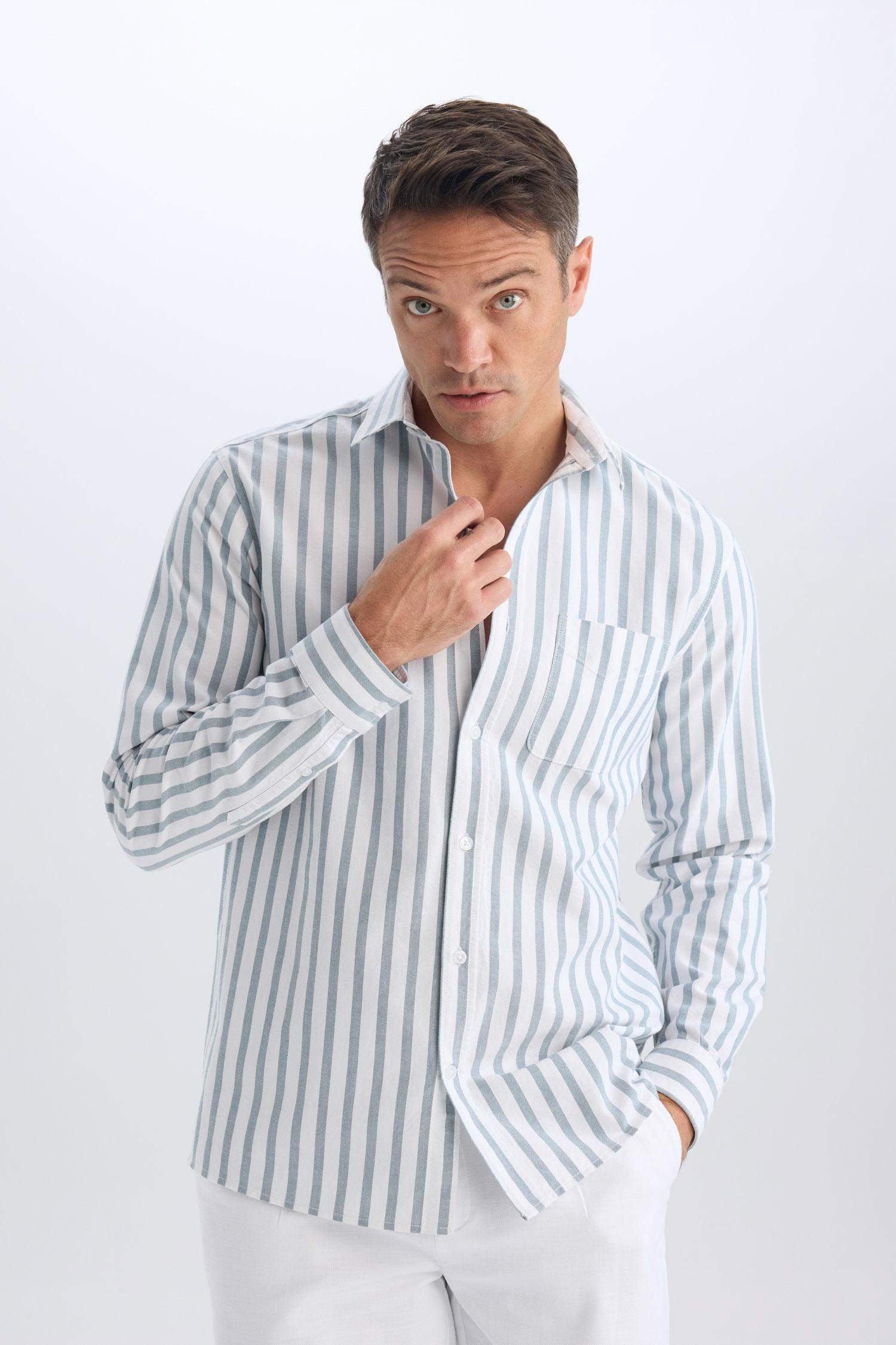 Regular Fit Polo Collar Striped Oxford Long Sleeve Shirt