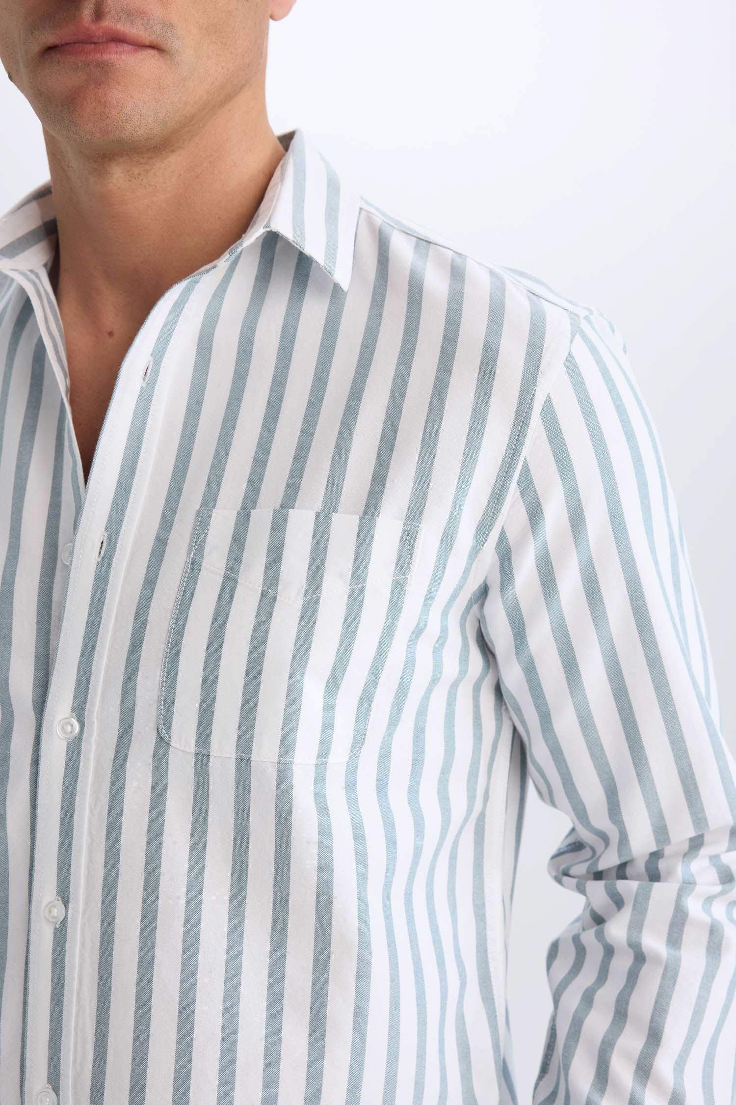 Regular Fit Polo Collar Striped Oxford Long Sleeve Shirt