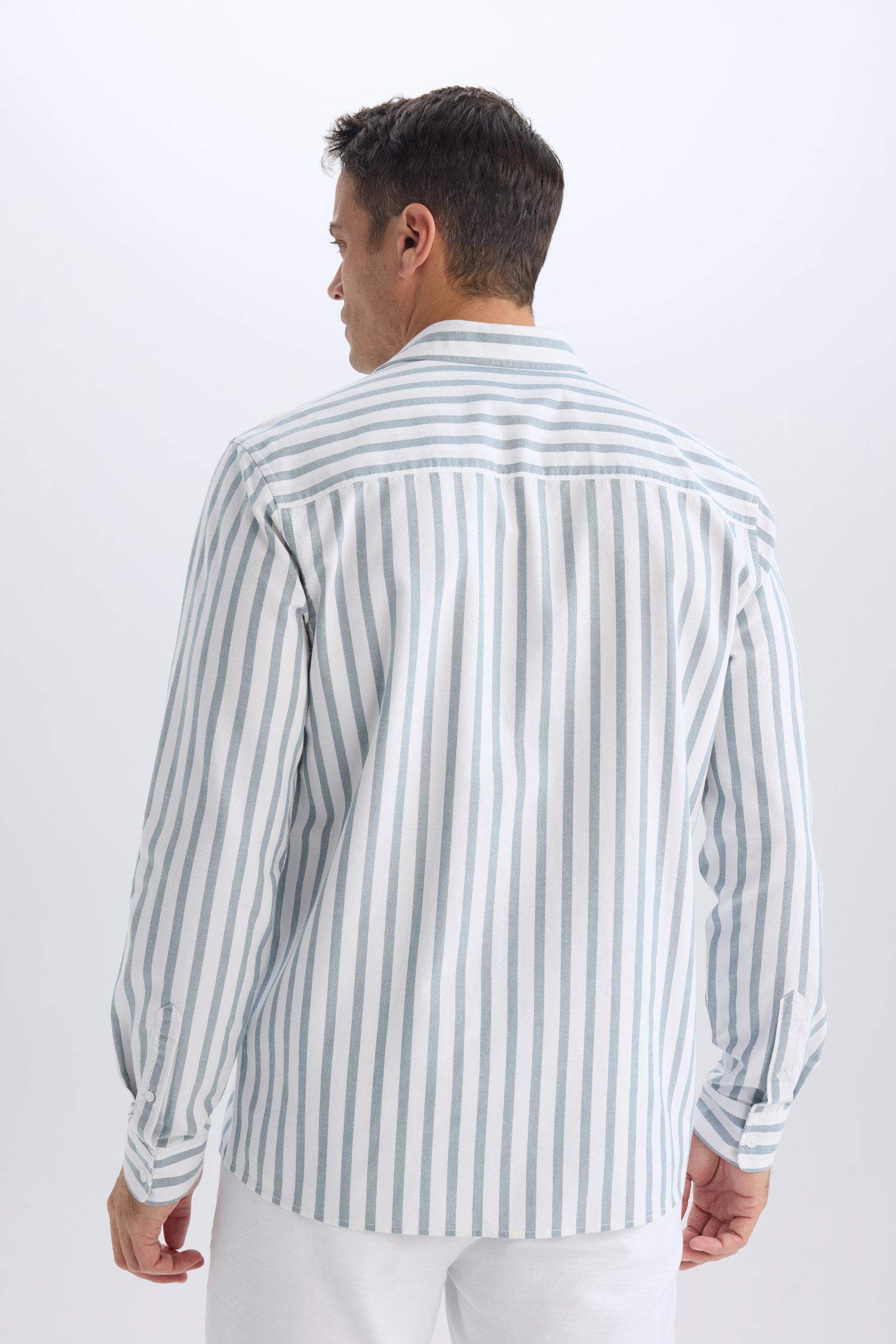 Regular Fit Polo Collar Striped Oxford Long Sleeve Shirt