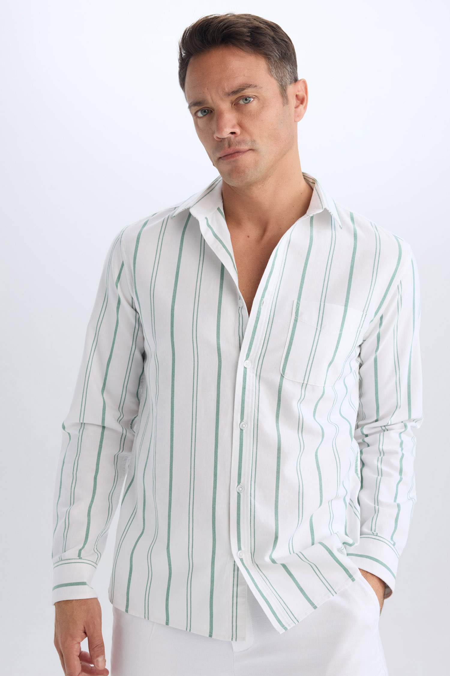 %100 Pamuk Regular Fit Polo Yaka Çizgili Oxford Uzun Kollu Gömlek