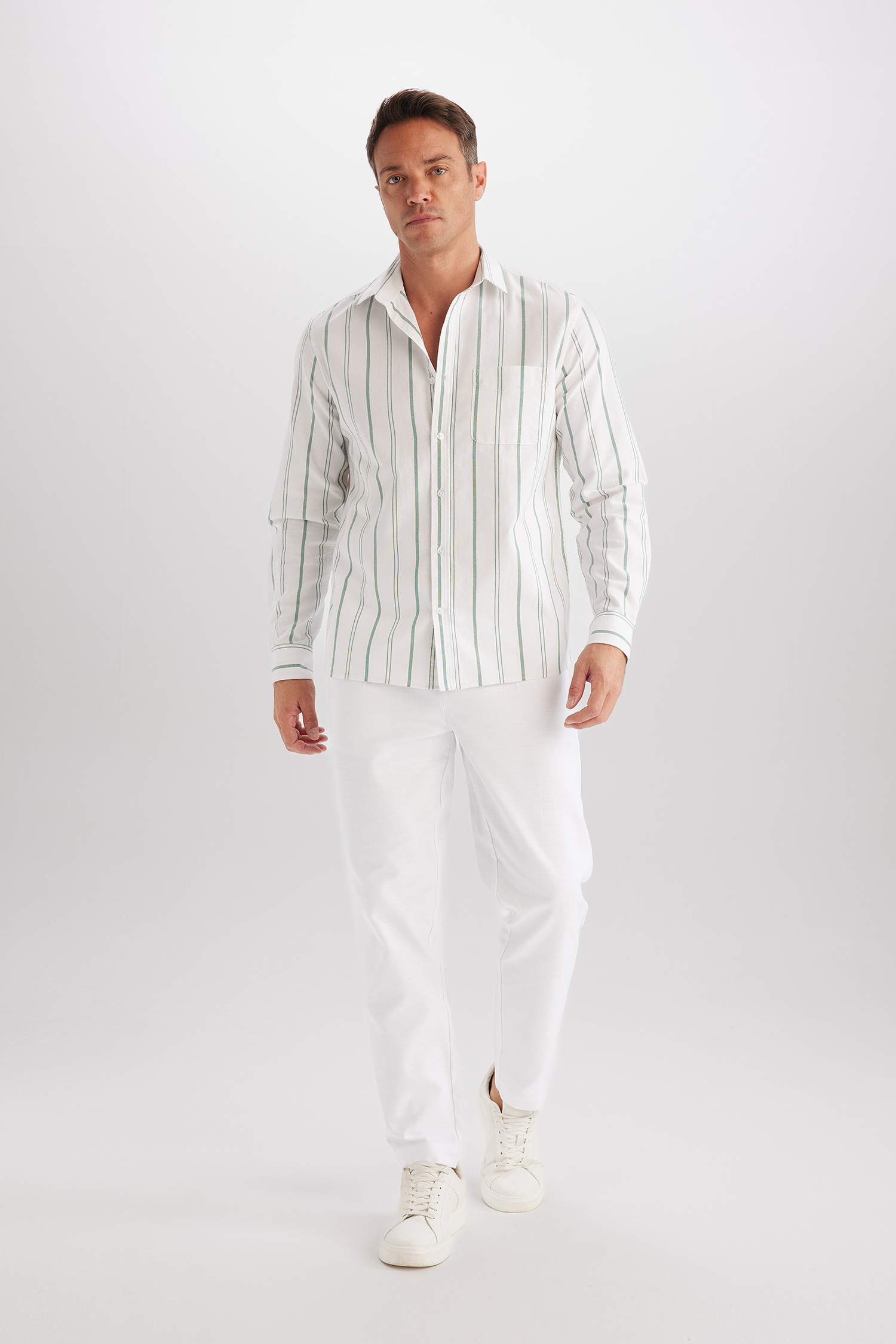 %100 Pamuk Regular Fit Polo Yaka Çizgili Oxford Uzun Kollu Gömlek