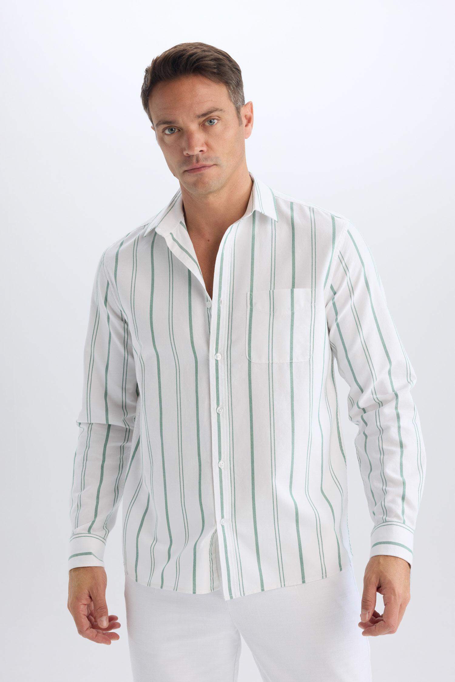 %100 Pamuk Regular Fit Polo Yaka Çizgili Oxford Uzun Kollu Gömlek