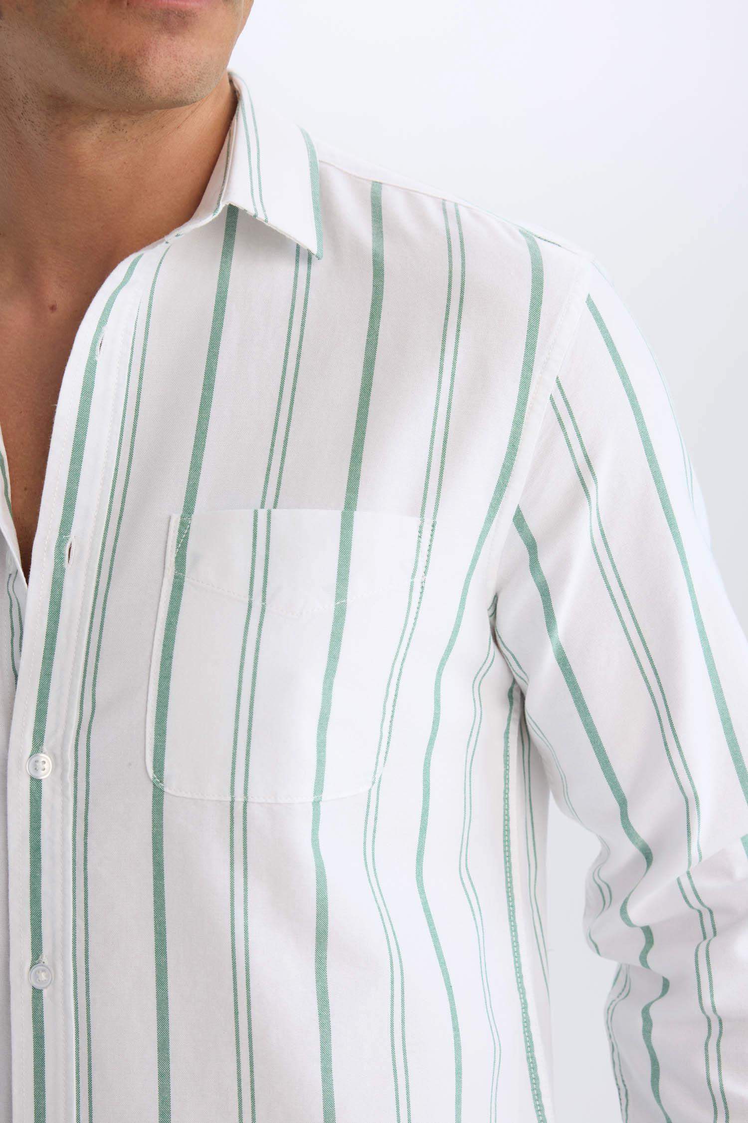 %100 Pamuk Regular Fit Polo Yaka Çizgili Oxford Uzun Kollu Gömlek