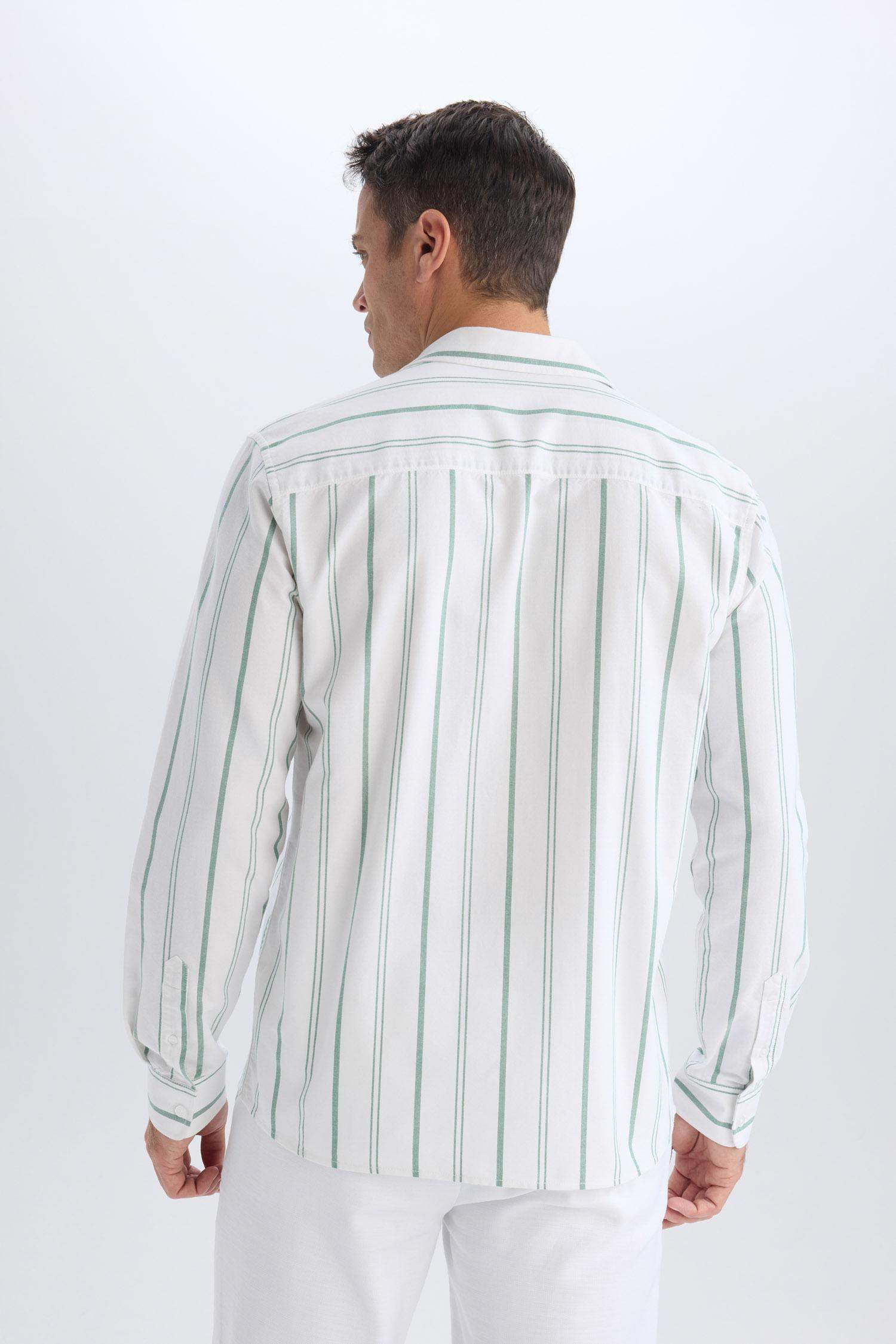 %100 Pamuk Regular Fit Polo Yaka Çizgili Oxford Uzun Kollu Gömlek