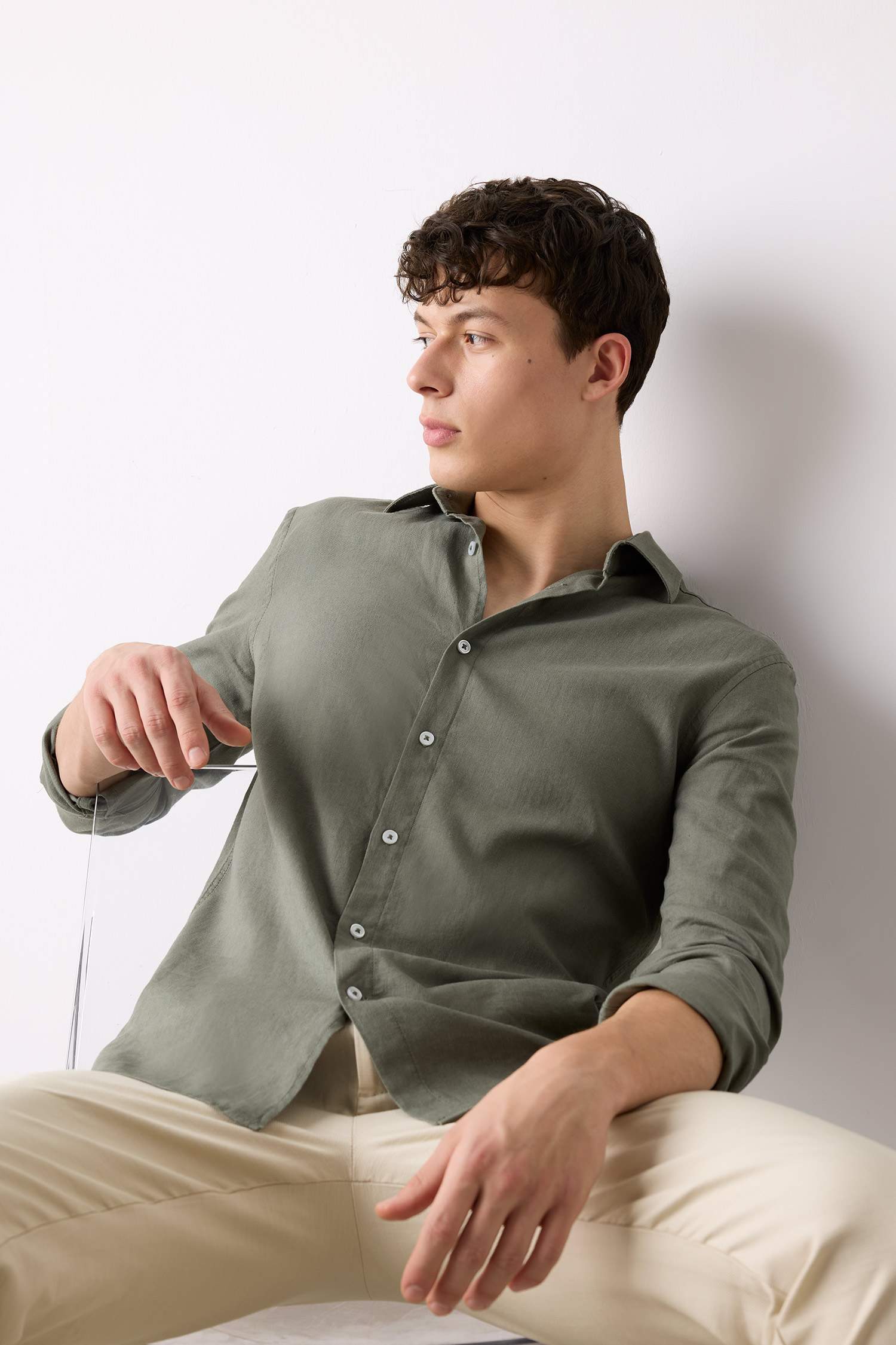 Regular Fit Polo Collar Long Sleeve Linen Shirt
