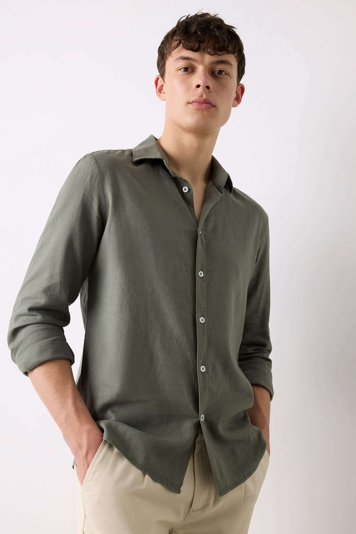 Regular Fit Polo Collar Long Sleeve Linen Shirt