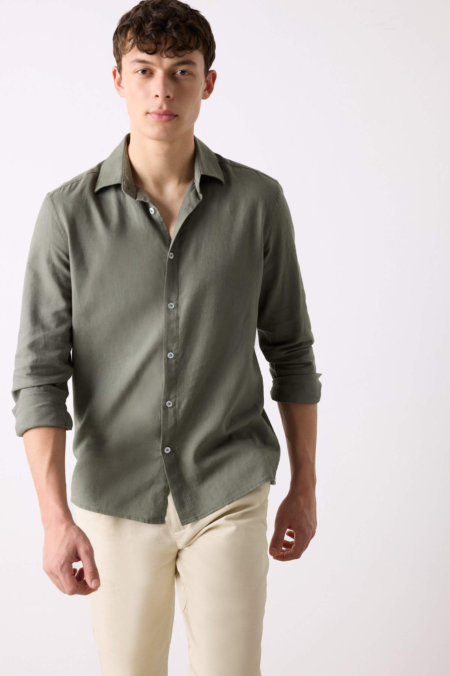 Regular Fit Polo Collar Long Sleeve Linen Shirt