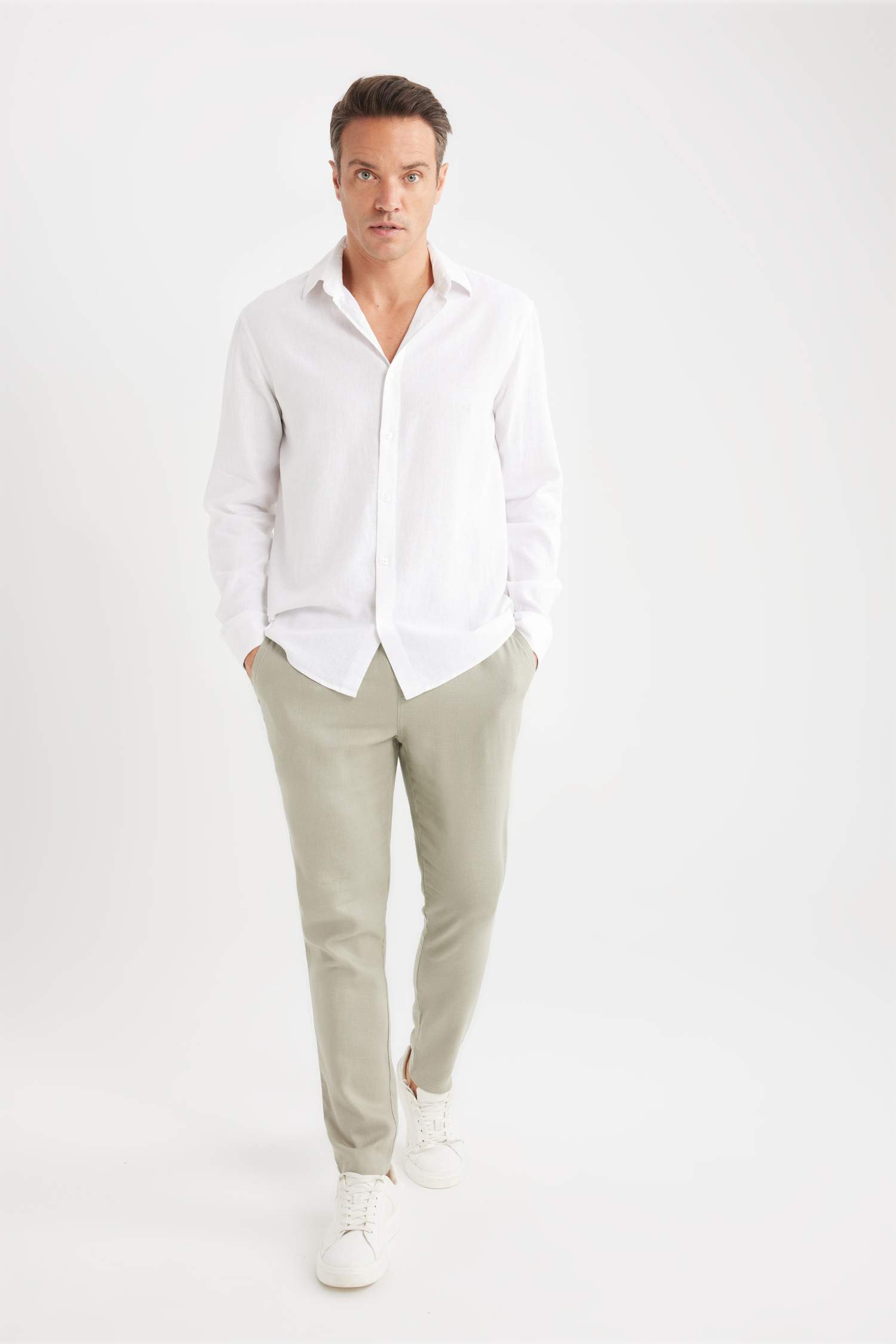 Regular Fit Polo Collar Long Sleeve Linen Shirt