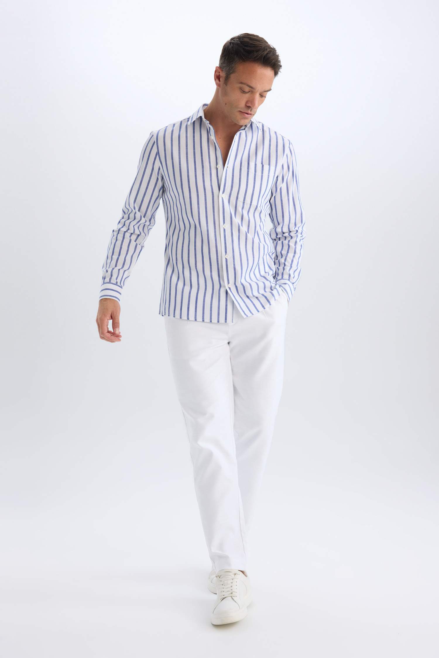 قميص مخطط كم طويل مودرن فيت بياقة بولو