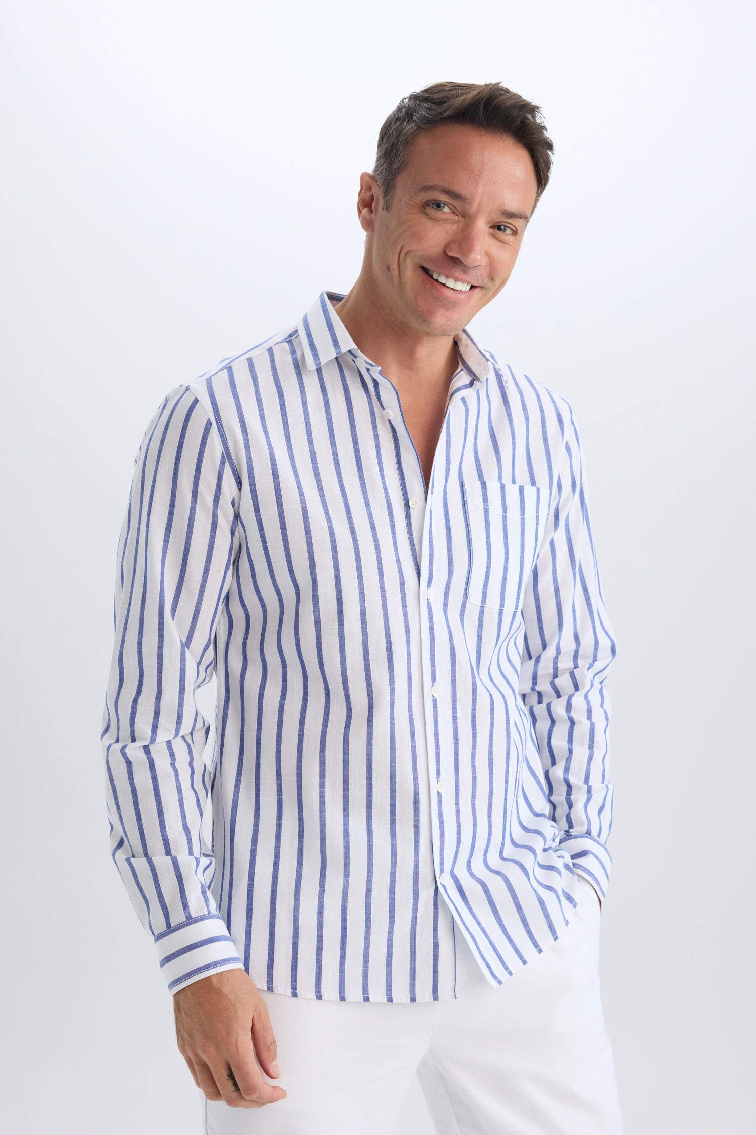 قميص مخطط كم طويل مودرن فيت بياقة بولو