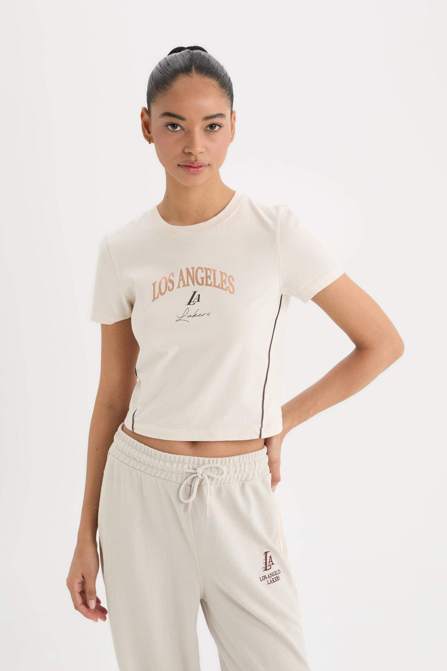 DeFactoFit NBA Los Angeles Lakers Slim Crop Fit Bisiklet Yaka Kısa Kollu Tişört