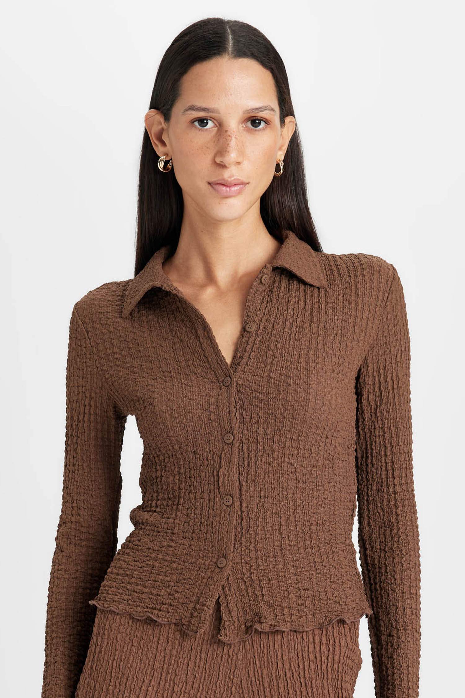 Slim Fit Dar Kesim Polo Yaka Bürümcük Uzun Kollu Tişört