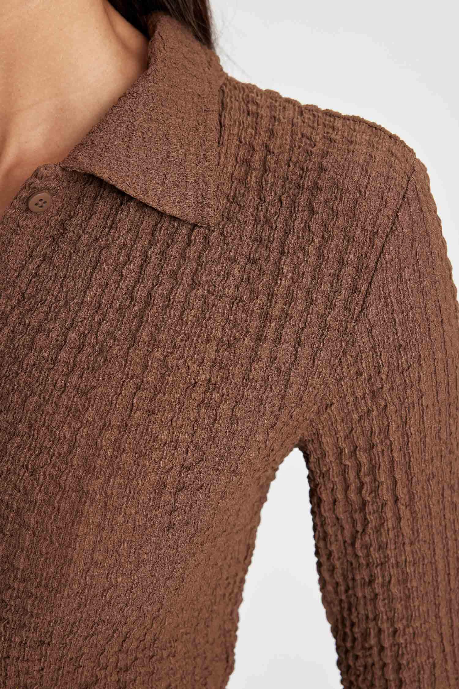 Slim Fit Dar Kesim Polo Yaka Bürümcük Uzun Kollu Tişört