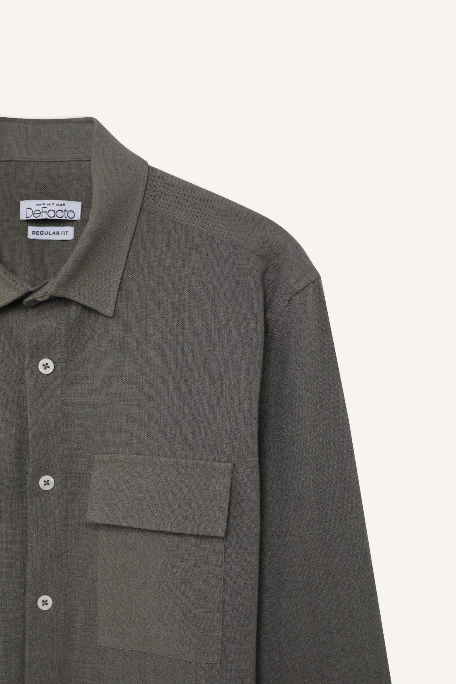 قميص كتان بولو كم طويل قطن قصة عادية